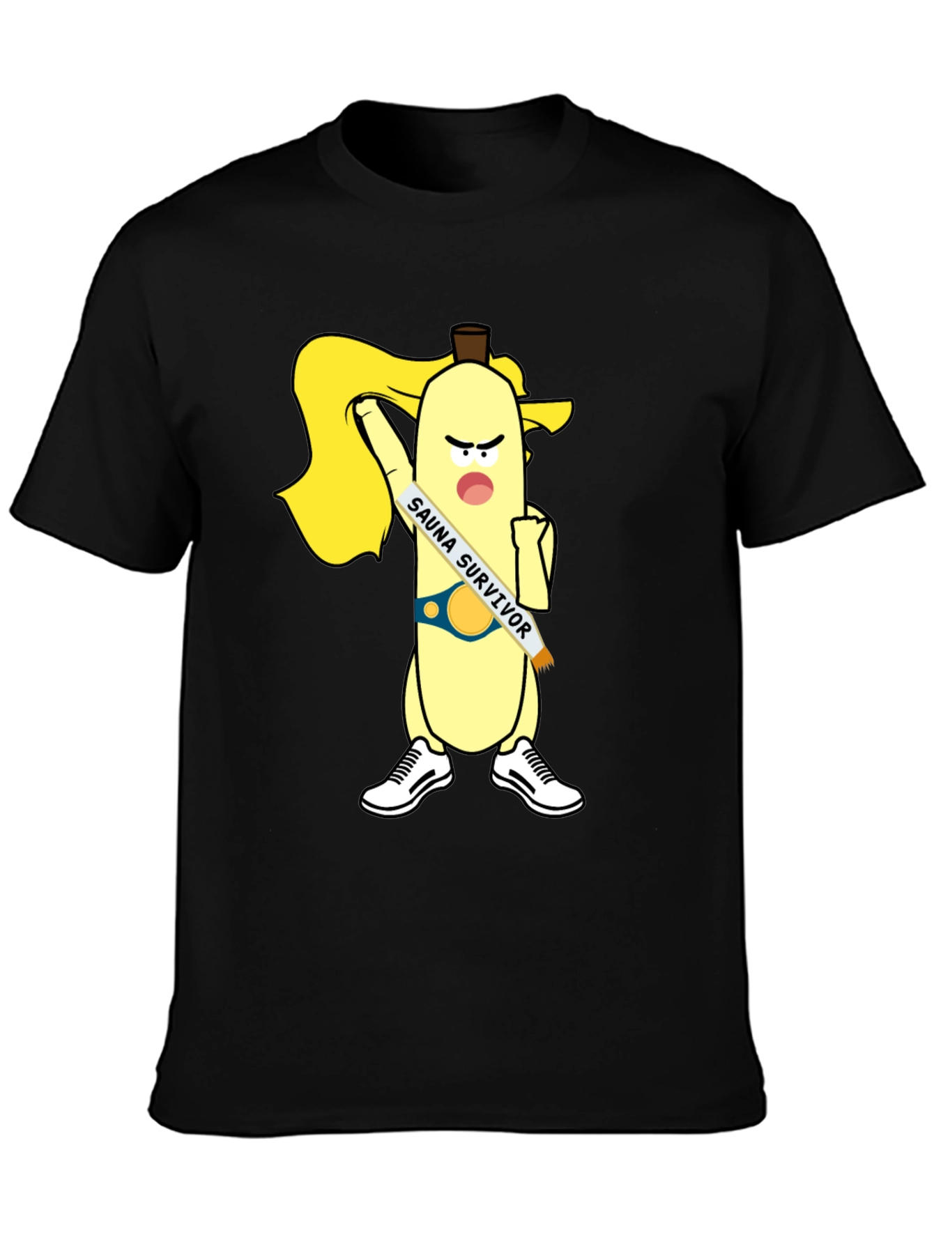 Black Sauna Survivor Banana Cartoon Tee view 3