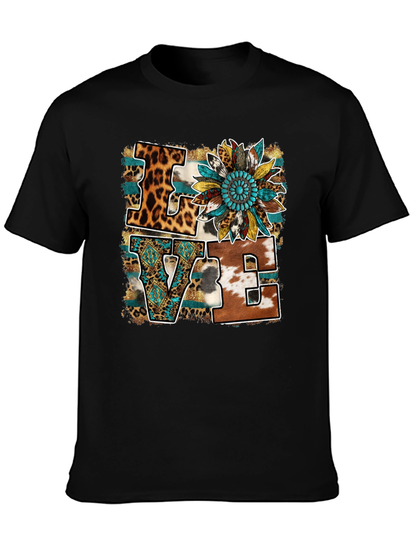 Black Western LOVE Graphic Tee - Leopard, Cowhide, Turquoise view 3