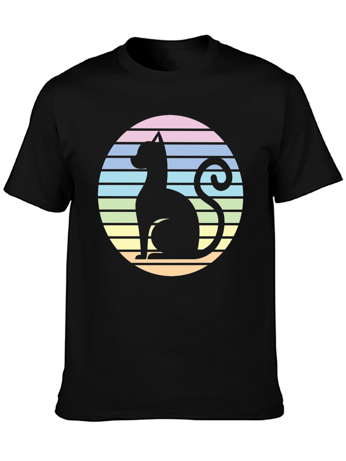 Black Retro Cat Silhouette T-Shirt - Striped Circle Design view 3