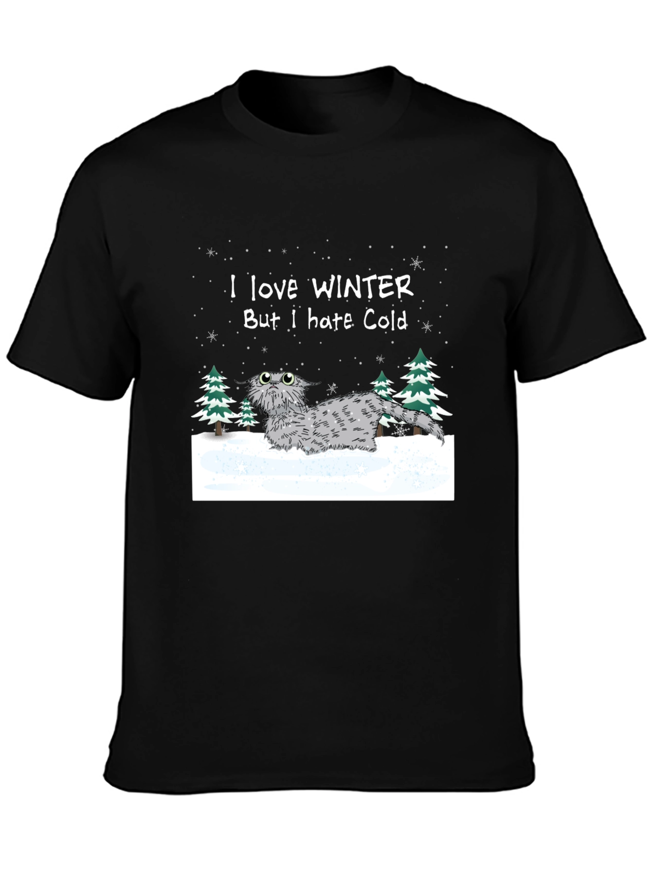 Black Winter Cat T-Shirt - I Love Winter But I Hate Cold view 3