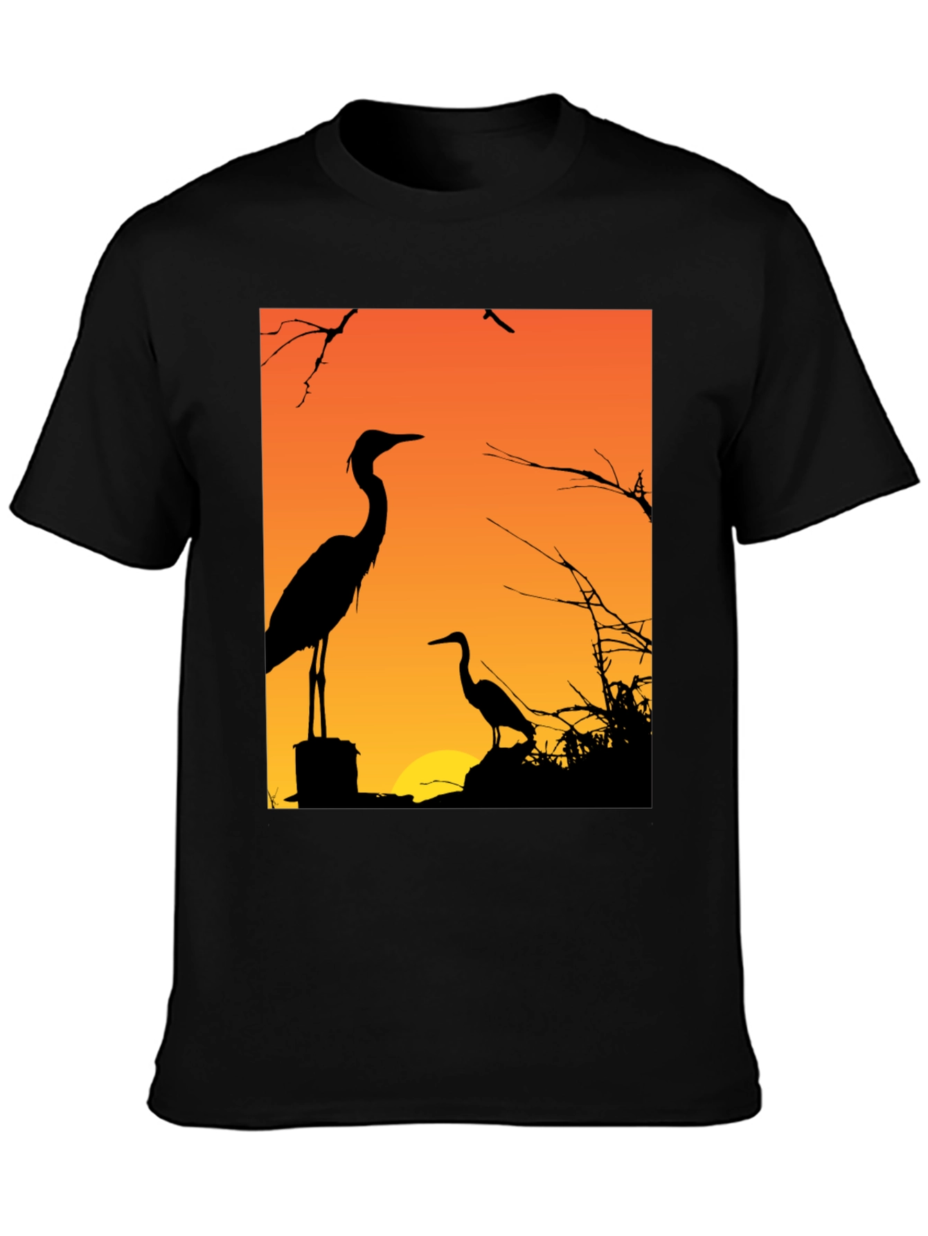 Black Heron Sunset Graphic Tee - Black Cotton T-Shirt view 3