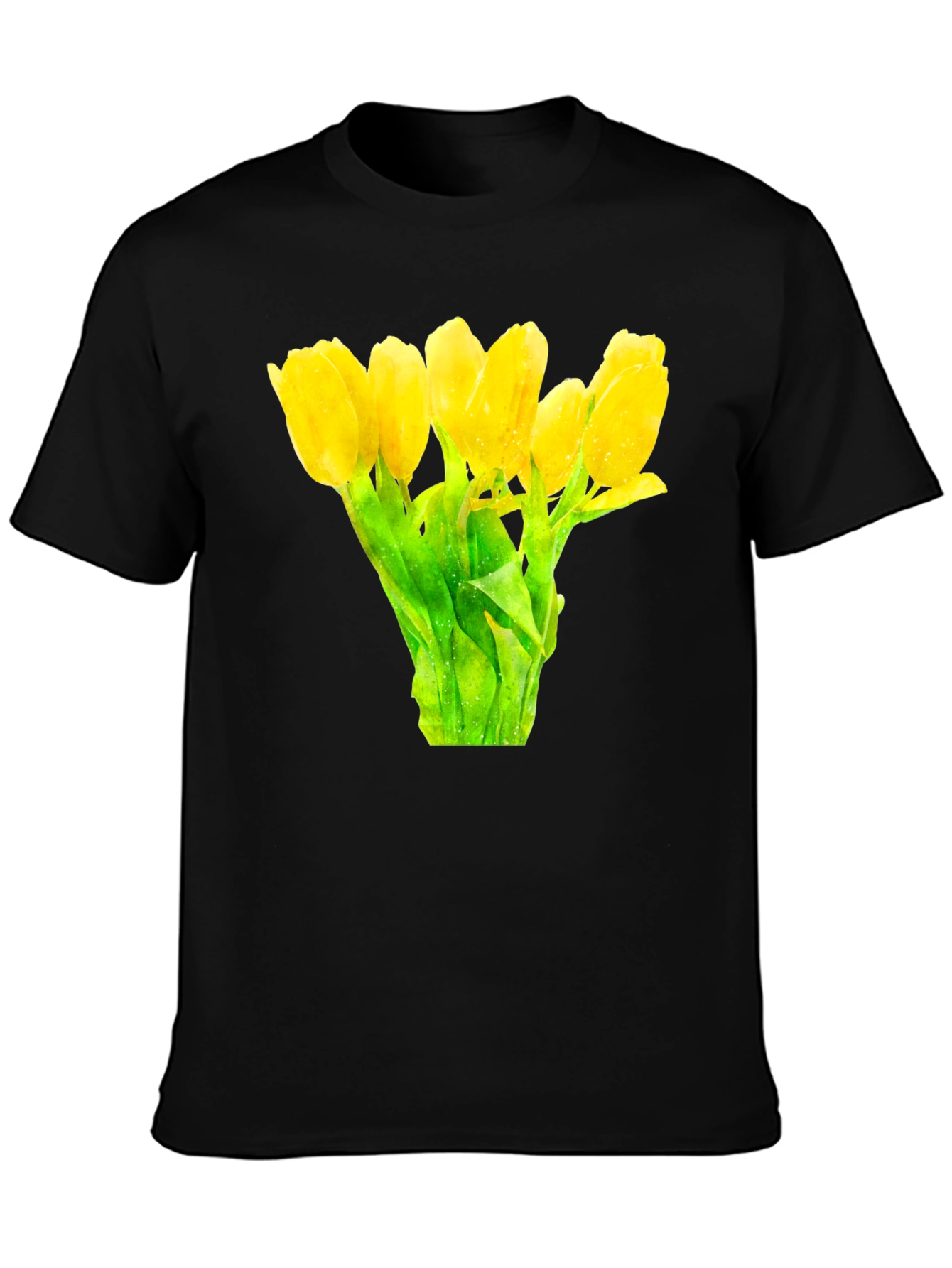 Black Floral Print Black T-Shirt -  Yellow Tulips view 3