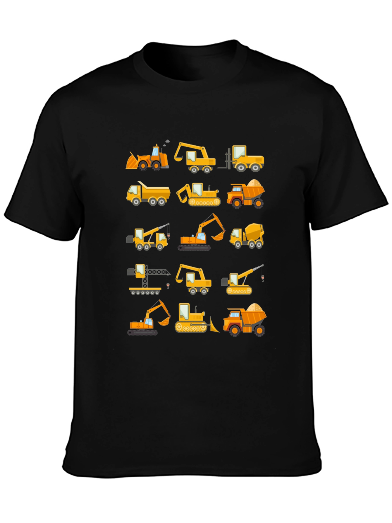 Black Construction Vehicles Pattern T-Shirt view 3