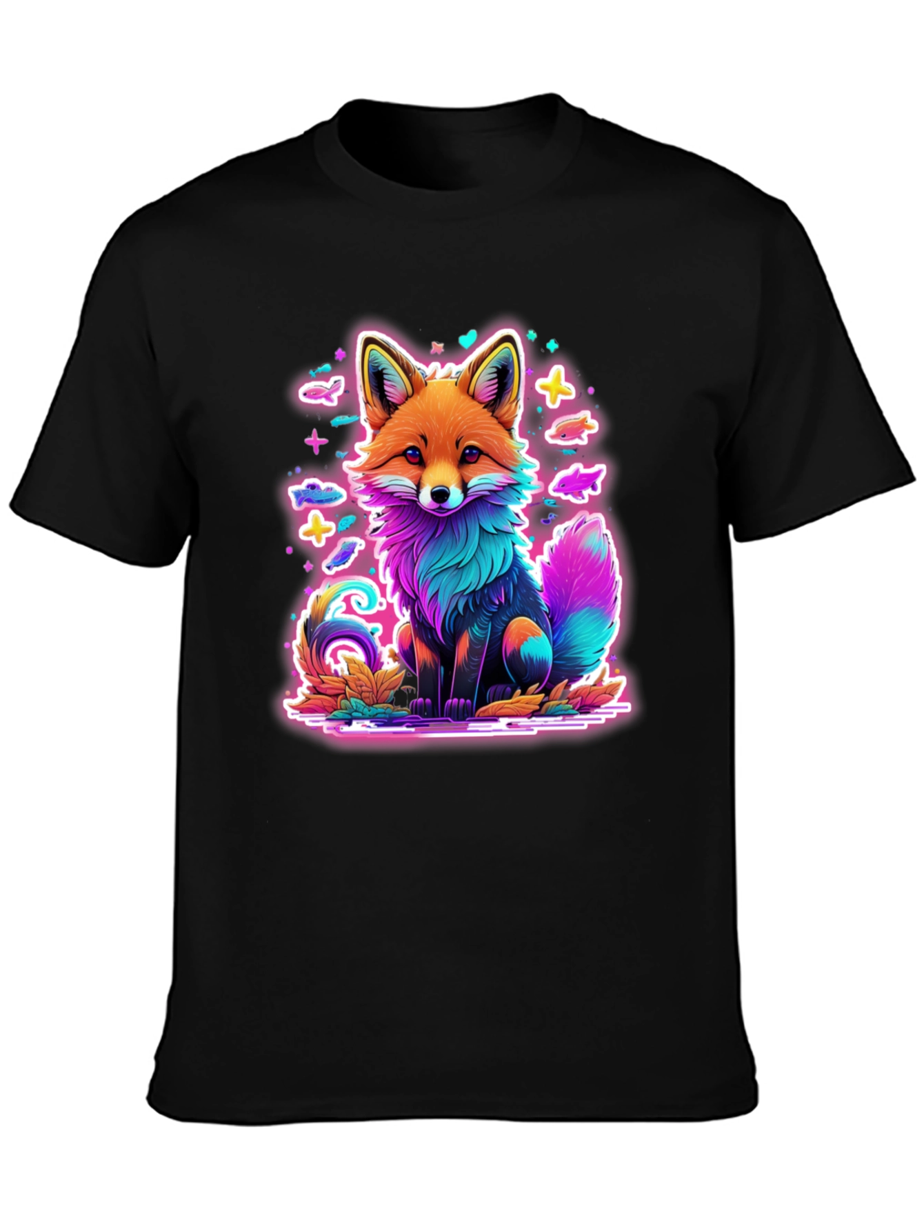 Black Neon Fox Graphic Tee - Unique Colorful Design view 3