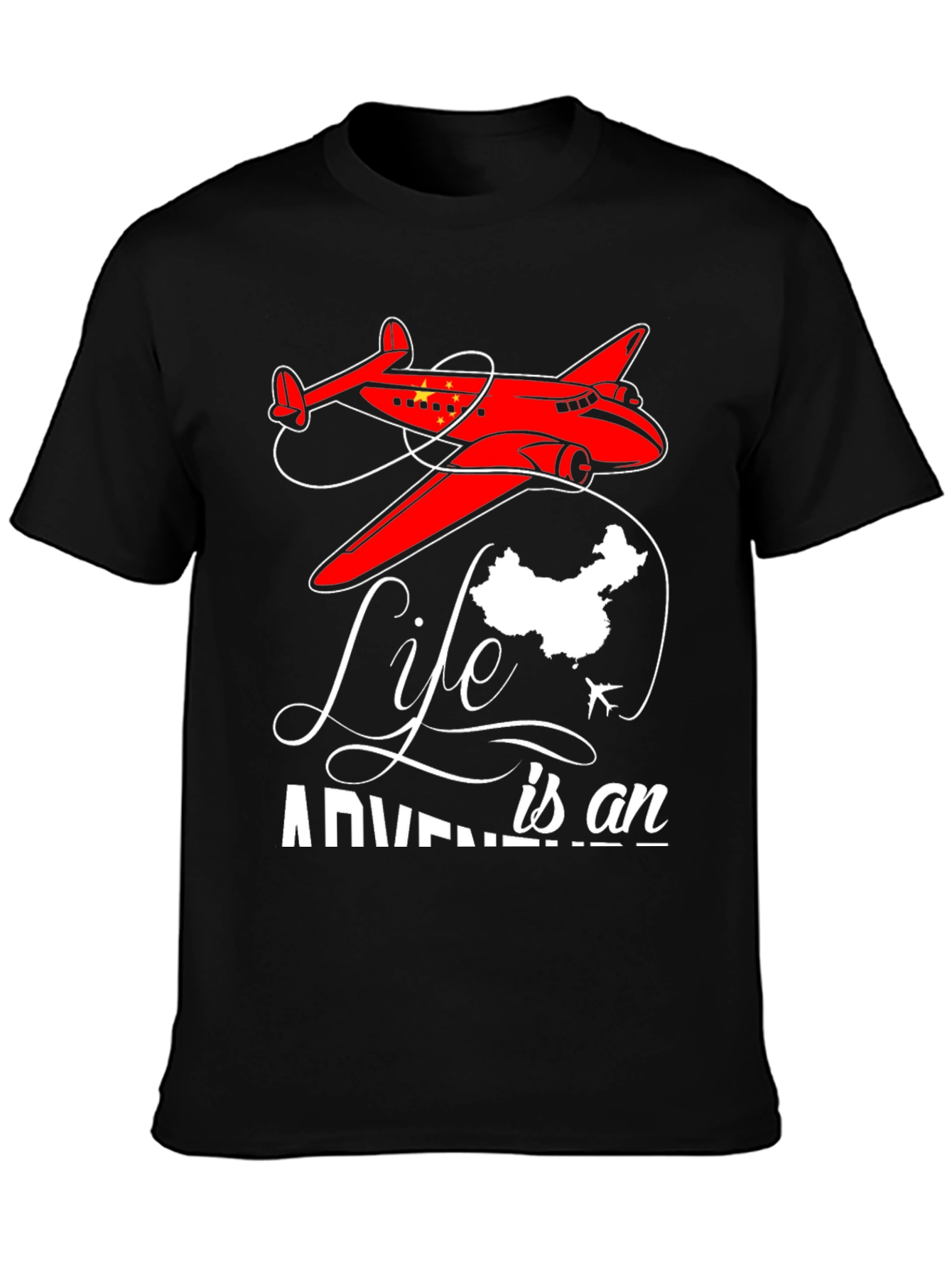 Black Adventure Life China Airplane Graphic T-Shirt view 3