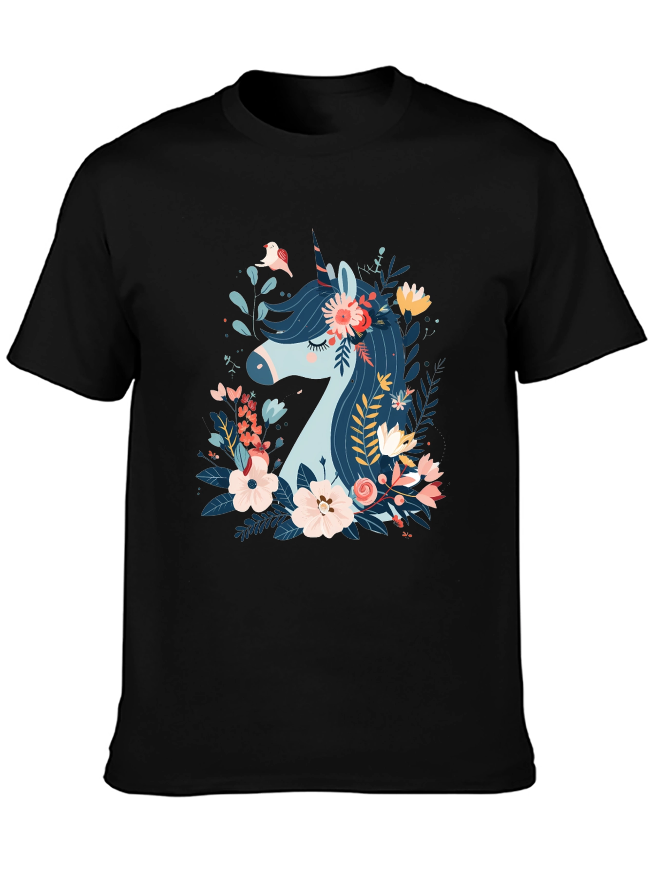 Black Floral Unicorn Graphic Print Black T-Shirt view 3