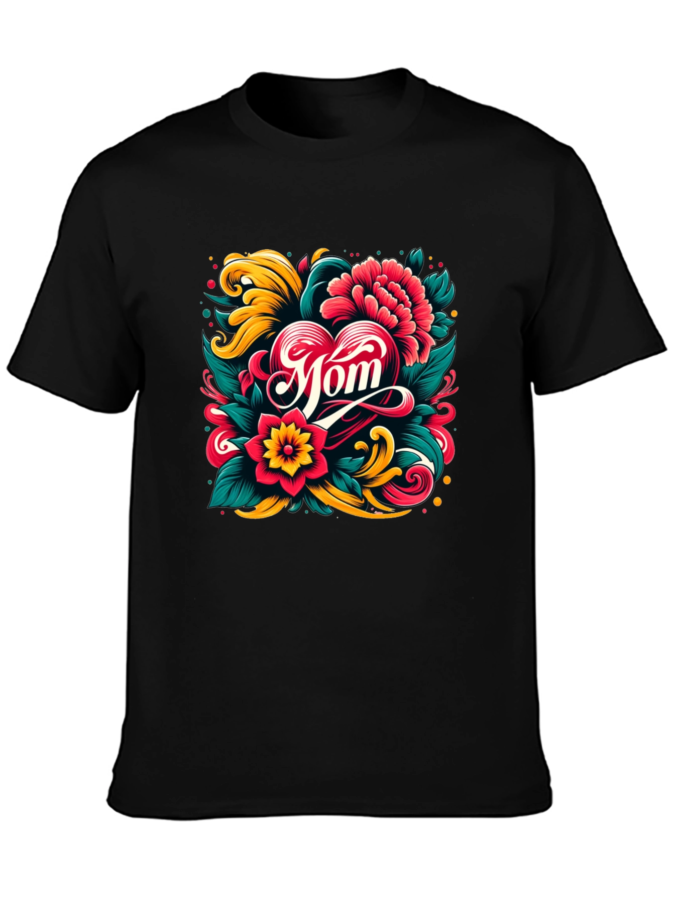 Black Mom Floral Heart Graphic Black T-Shirt view 3