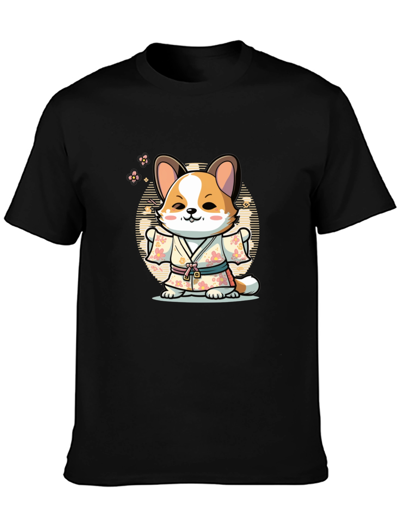 Black Cute Corgi in Kimono T-Shirt view 3