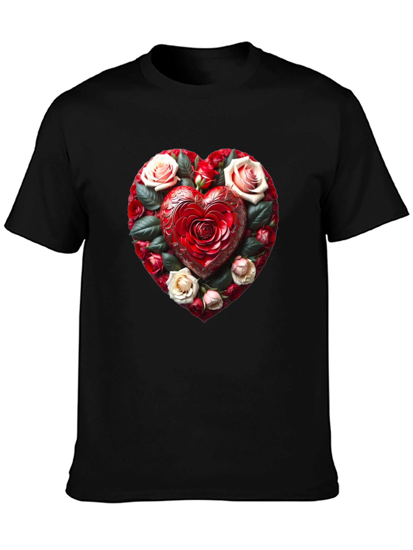 Black Romantic Rose Heart Graphic Black T-Shirt view 3