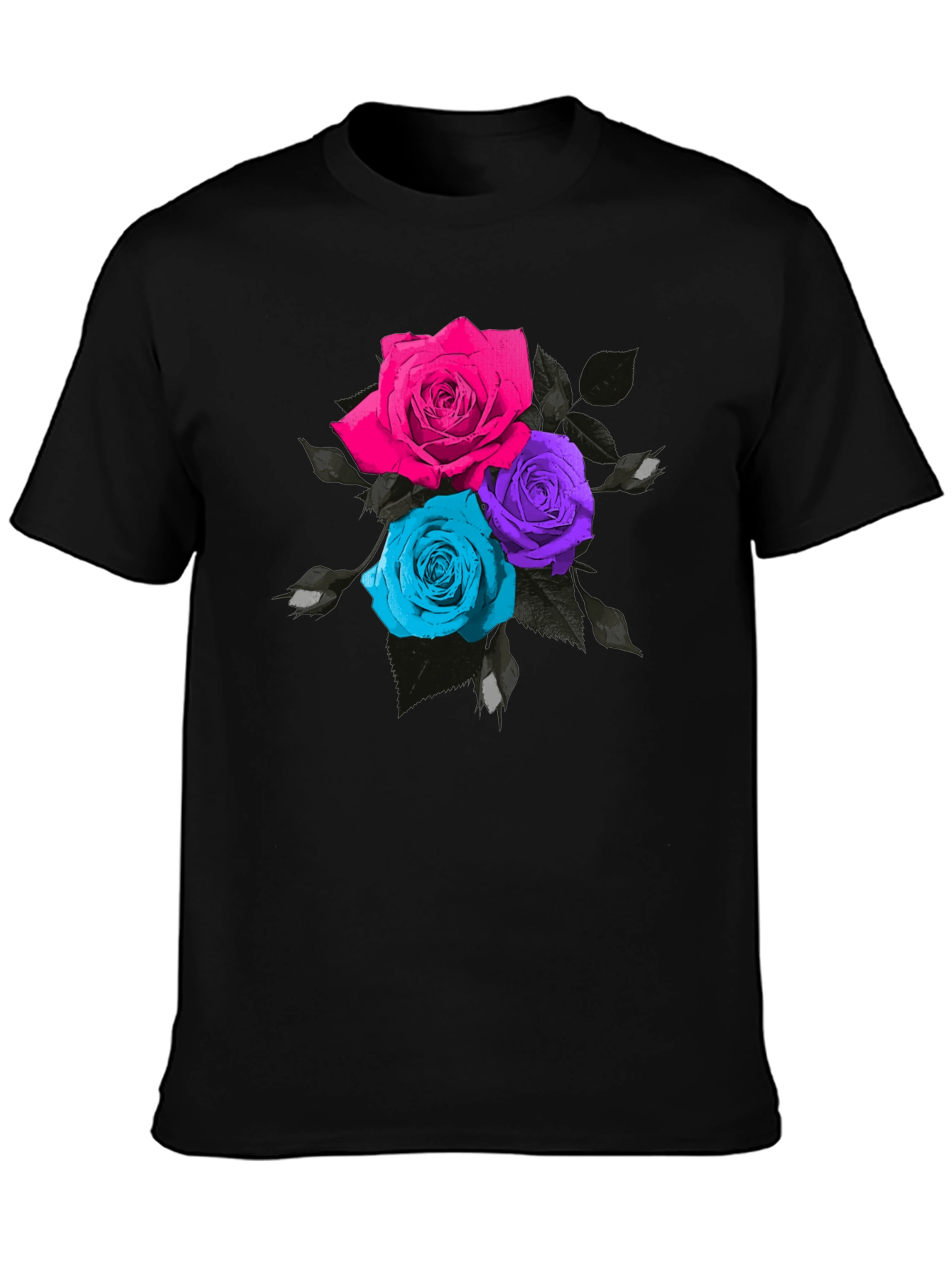 Black Floral Roses T-Shirt - Unique Colorful Design view 3