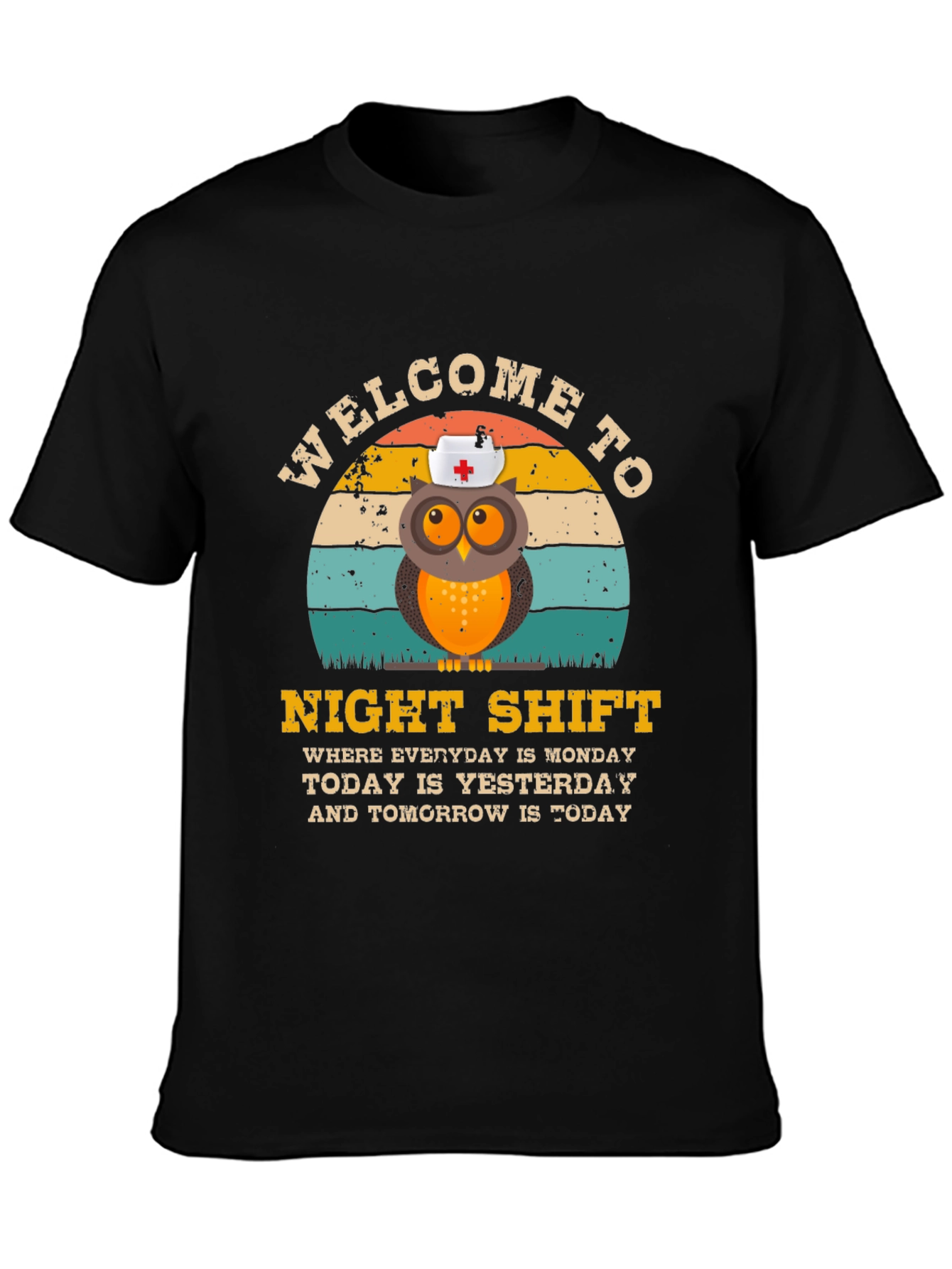 Black Night Shift Nurse Owl T-Shirt view 3