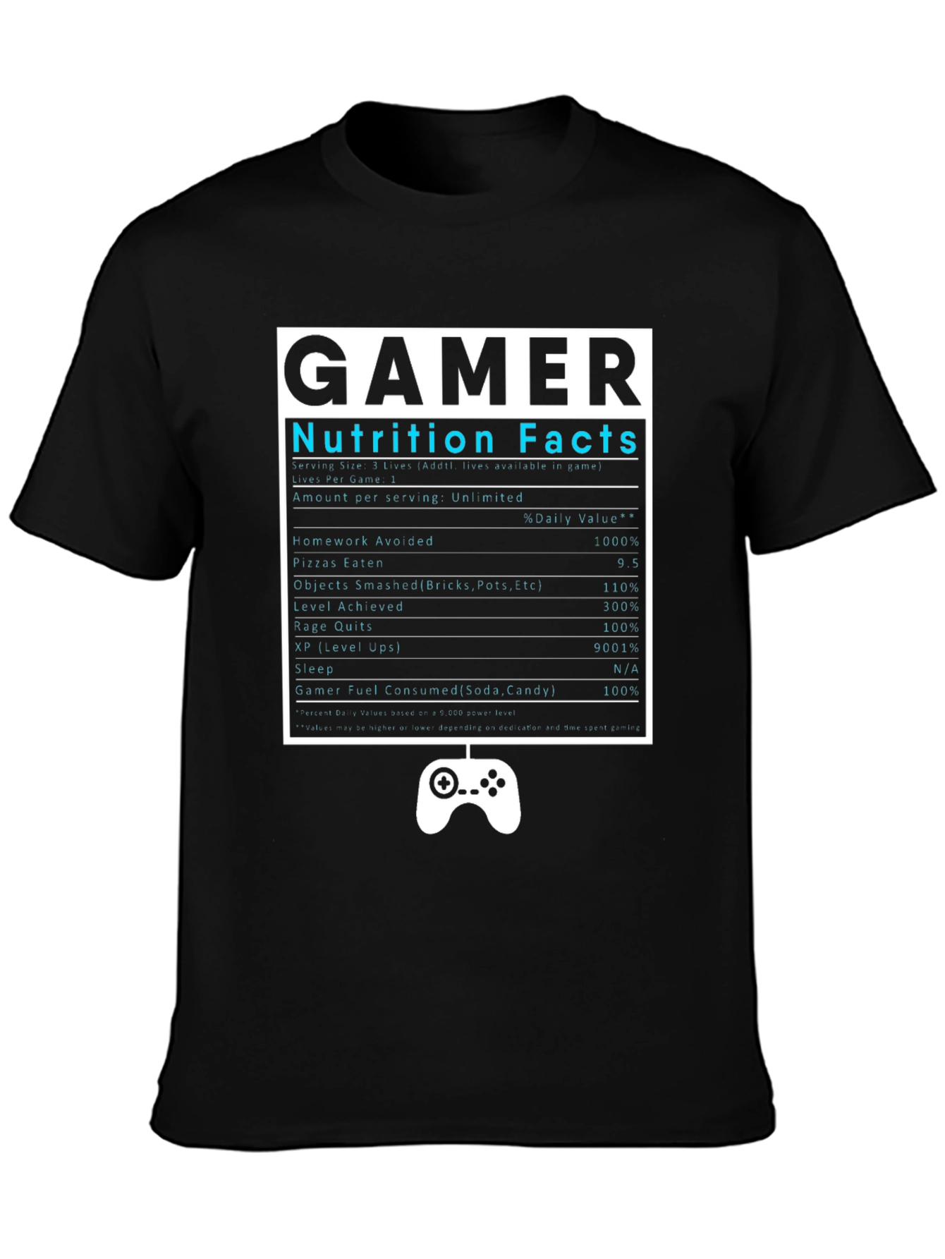 Black Gamer Nutrition Facts Black T-Shirt view 3