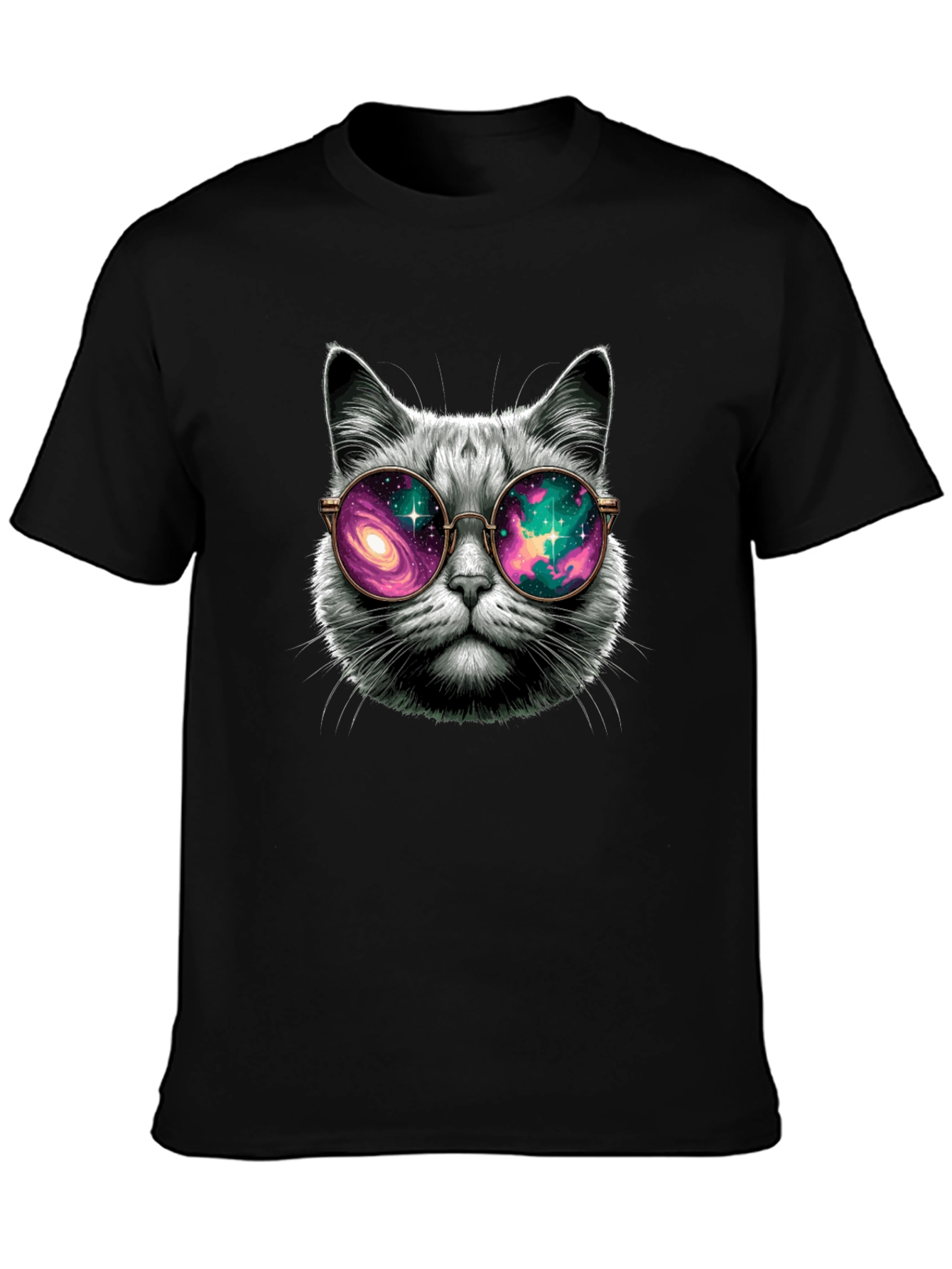 Black Cool Cat Galaxy Glasses T-Shirt view 3