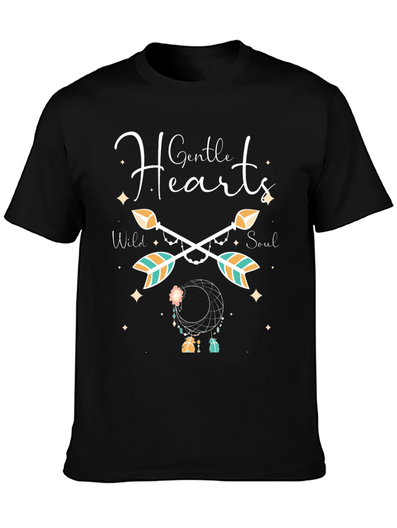Black Gentle Hearts Arrow Dreamcatcher Black T-Shirt view 3