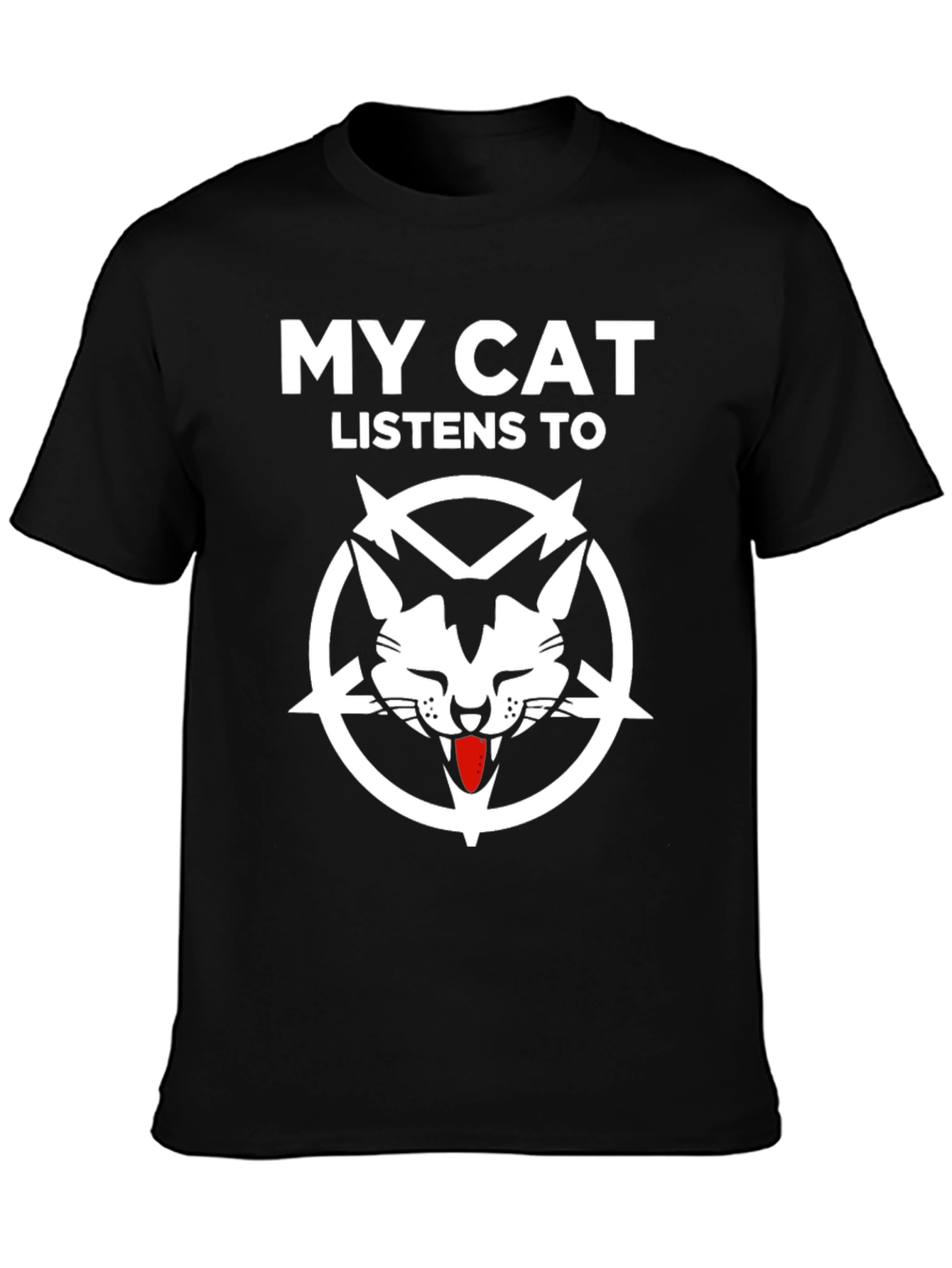 Black My Cat Listens to Pentagram T-Shirt view 3