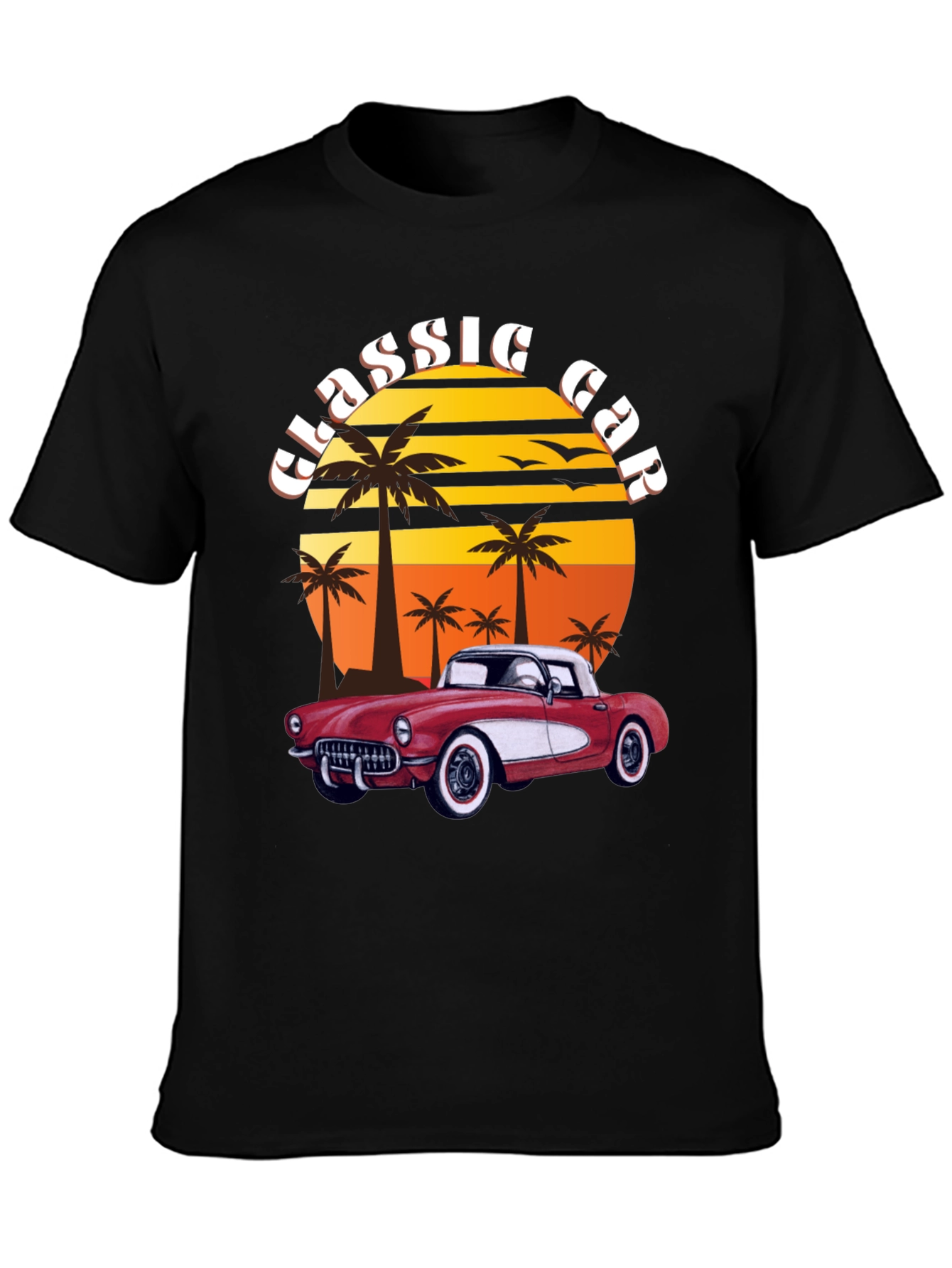 Black Classic Car T-Shirt - Retro Sunset Design view 3
