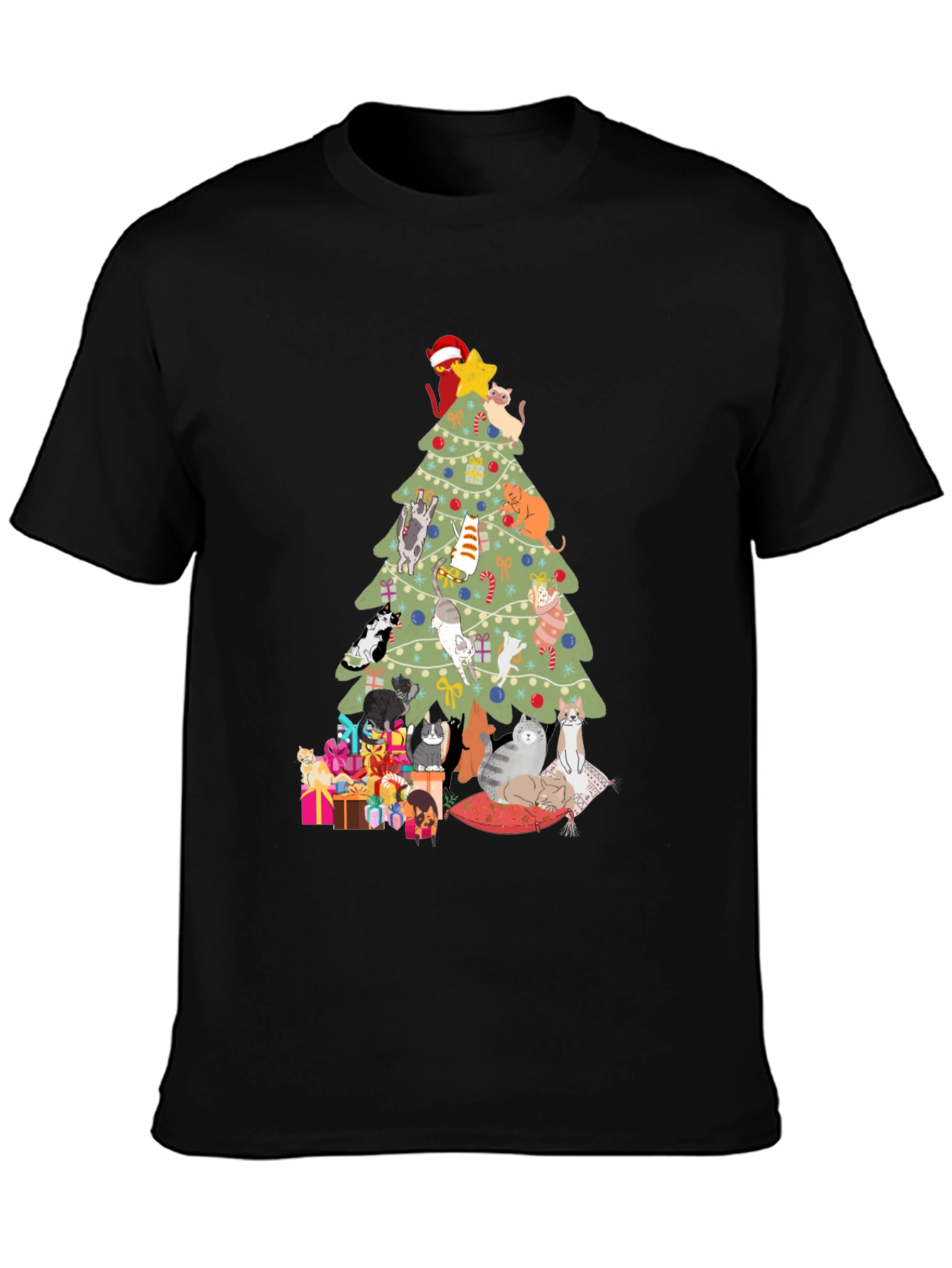 Black Cat Christmas Tree T-Shirt Holiday Tee view 3