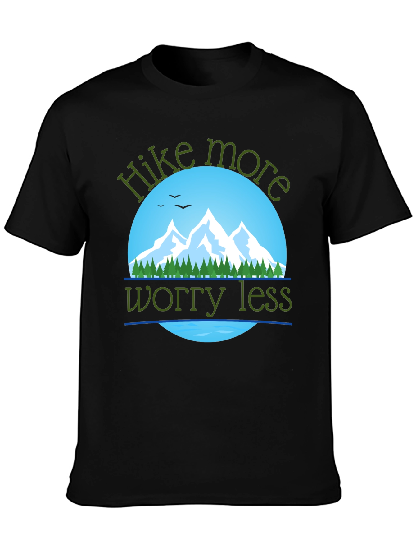 Black Hike More Worry Less T-Shirt: Mountain Adventure Apparel view 3