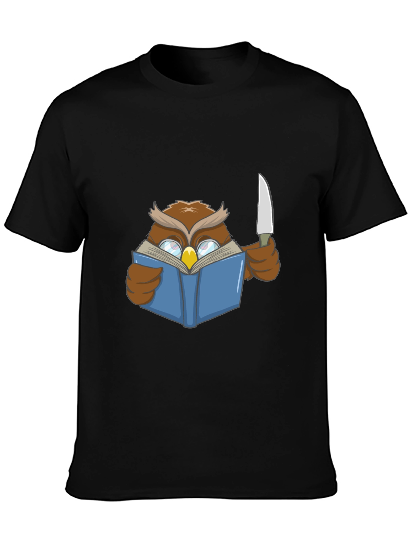 Black Owl Reading Book With Knife T-Shirt view 3