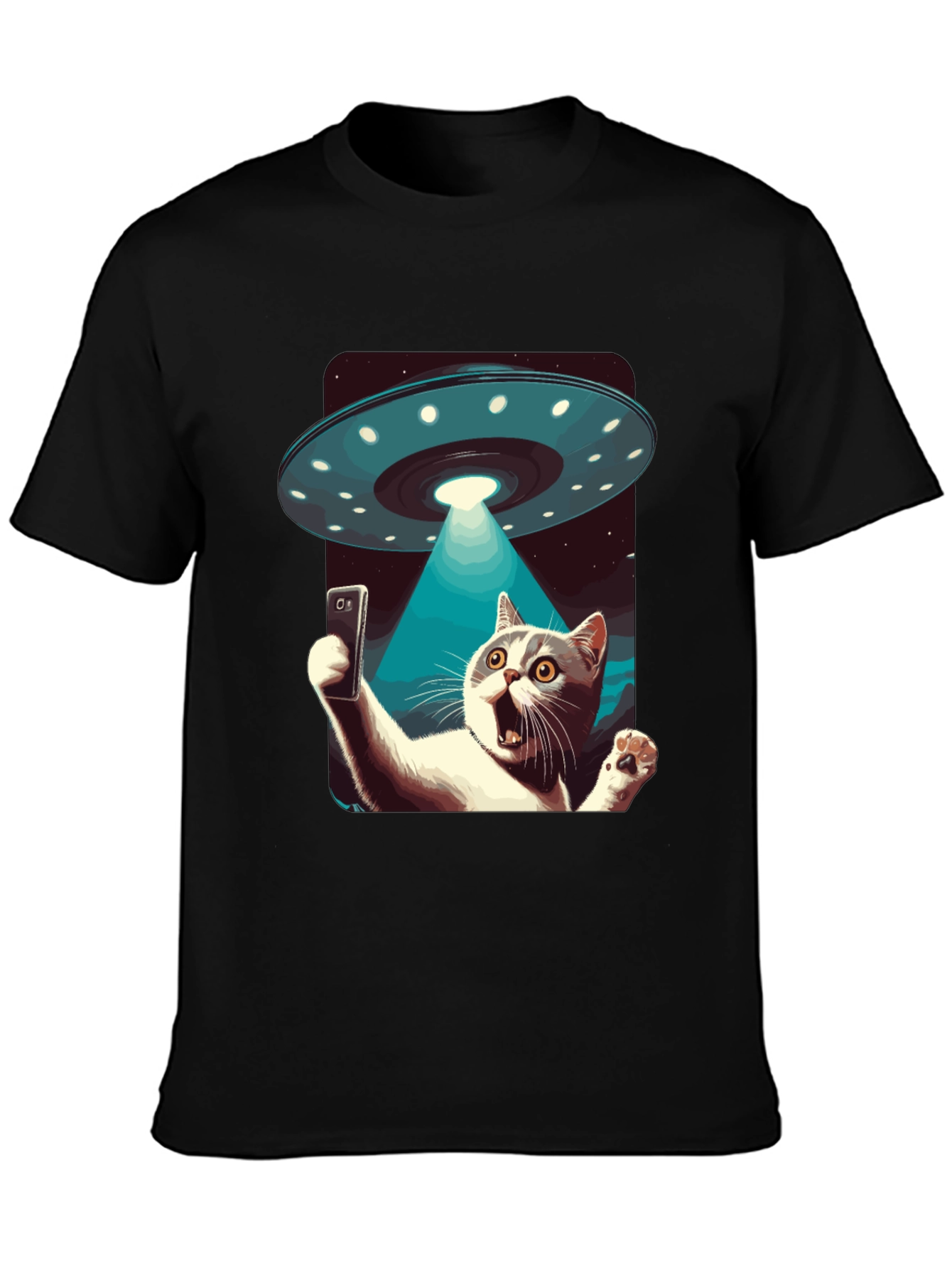 Black Alien Abduction Cat Selfie T-Shirt view 3