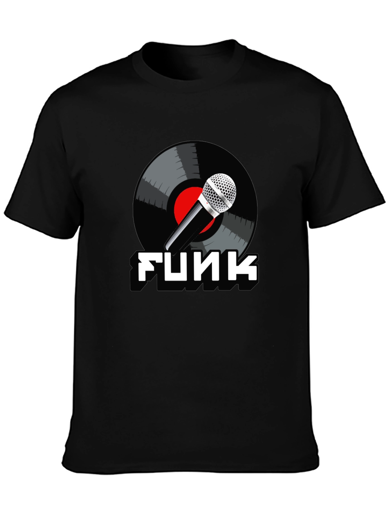 Black Funk Music T-Shirt with Microphone and Vinyl Record Design view 3