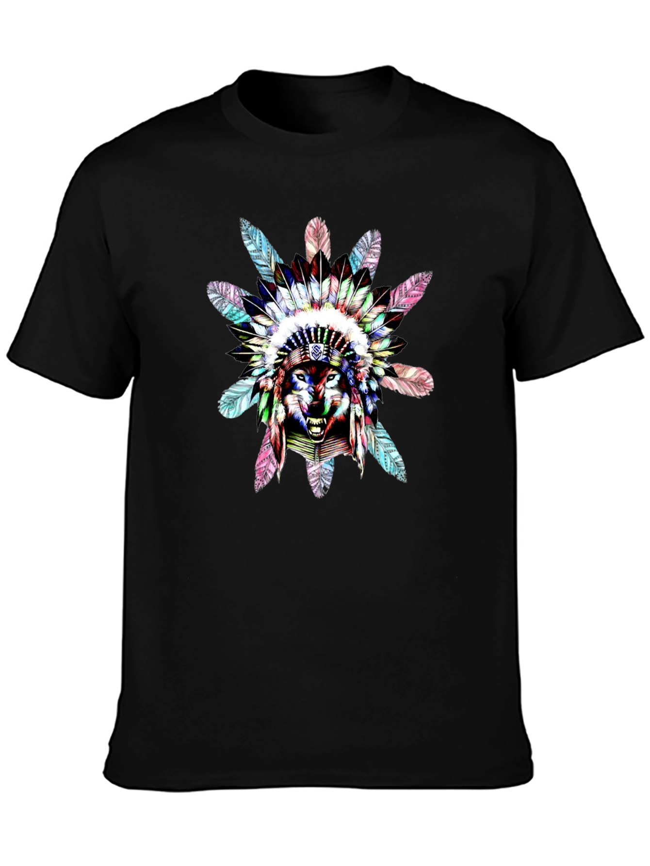Black Wolf Headdress Graphic Black T-Shirt view 3