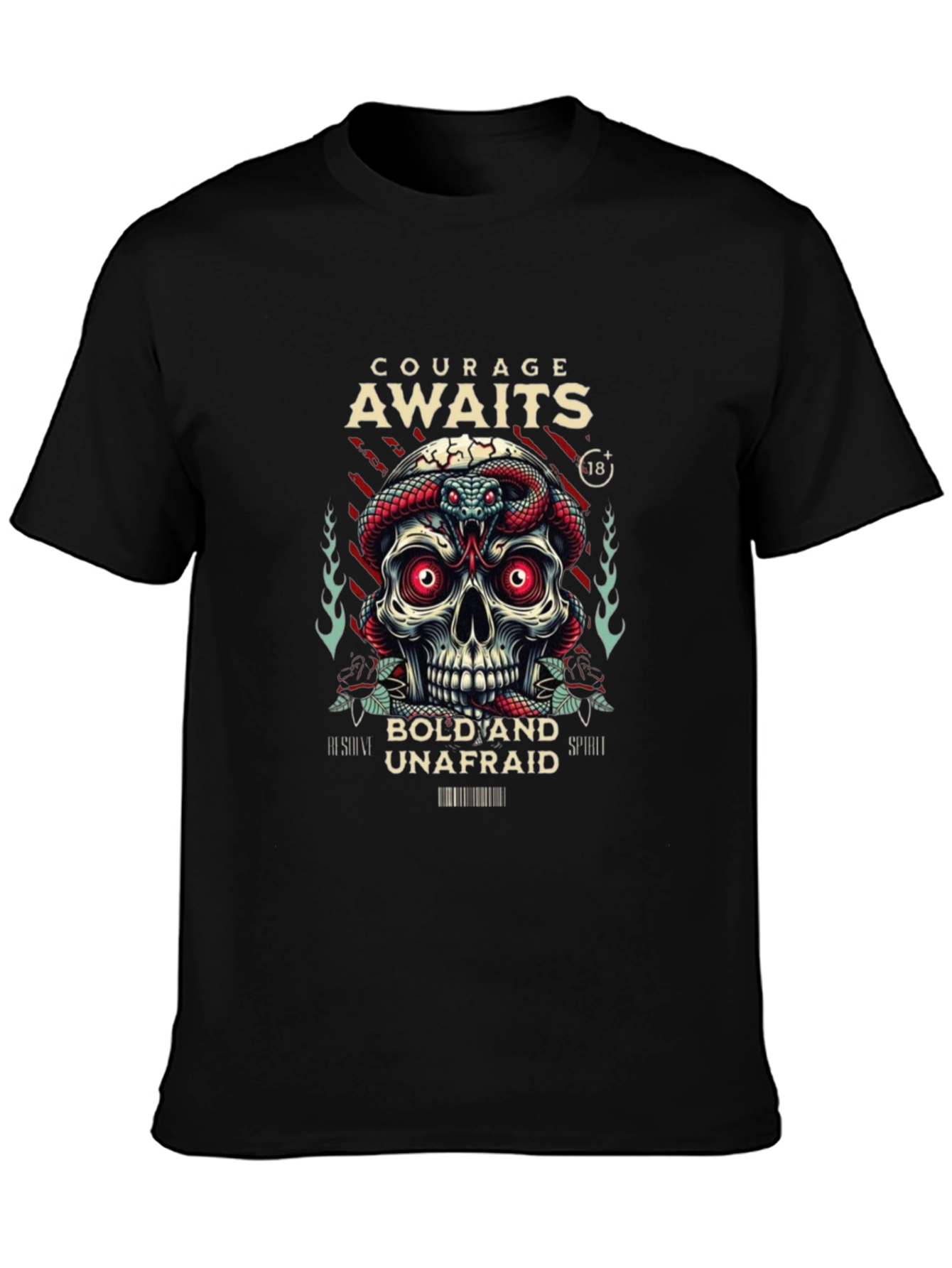 Black Courage Awaits Graphic Tee - Skull & Snake Design view 3