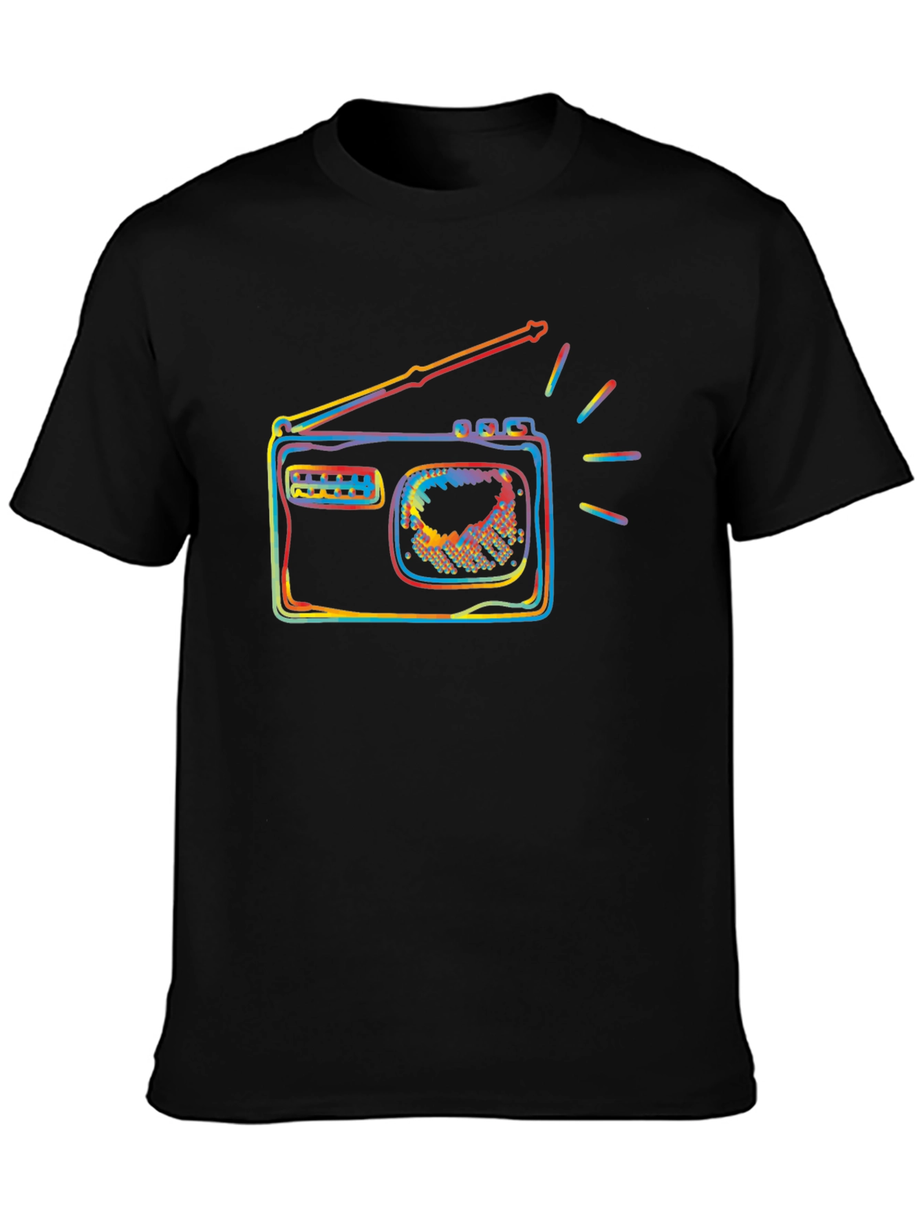 Black Retro Radio Colorful Graphic Black T-Shirt view 3