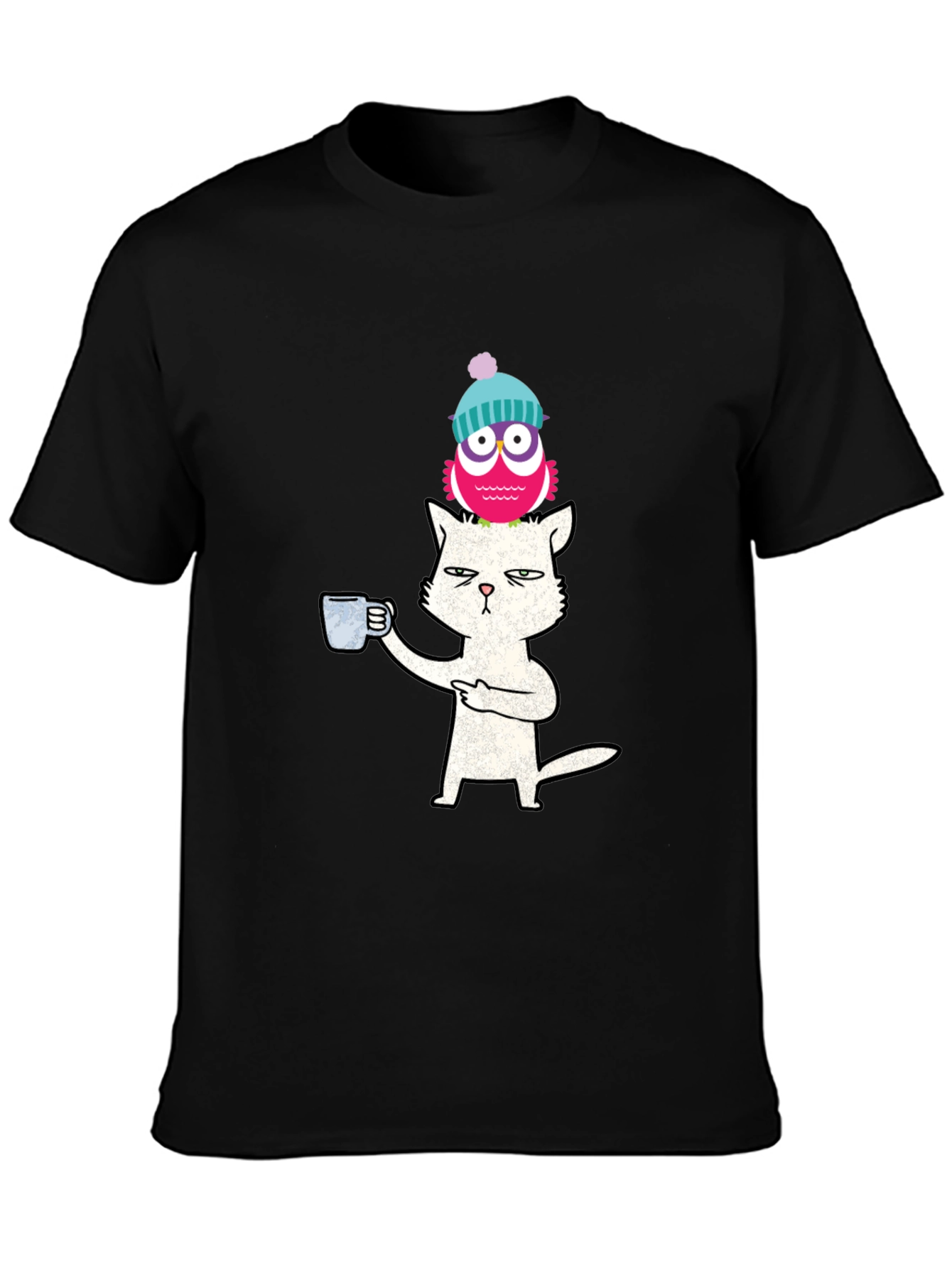 Black Cat With Coffee & Owl On Head T-Shirt view 3