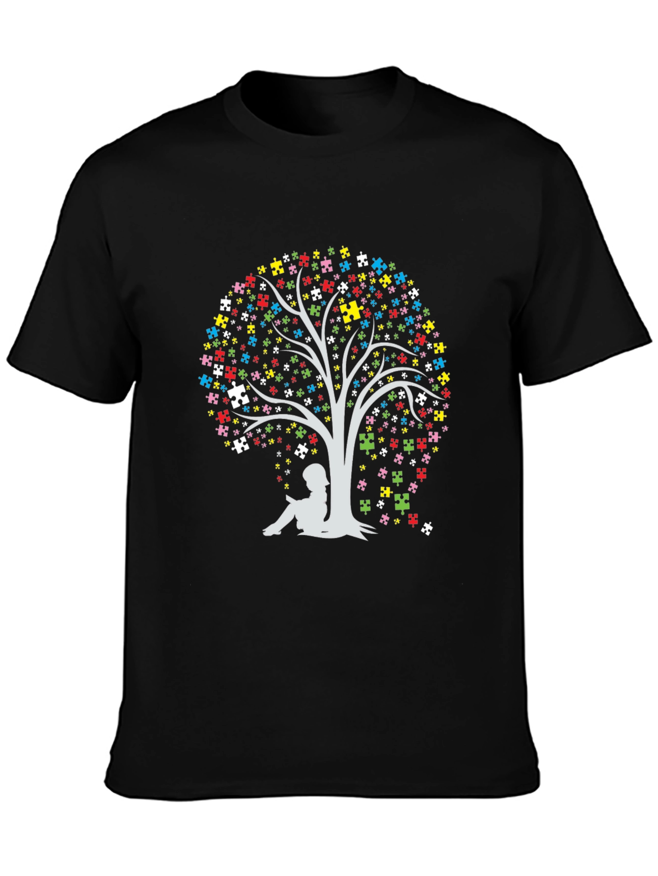 Black Autism Awareness Puzzle Tree T-Shirt view 3