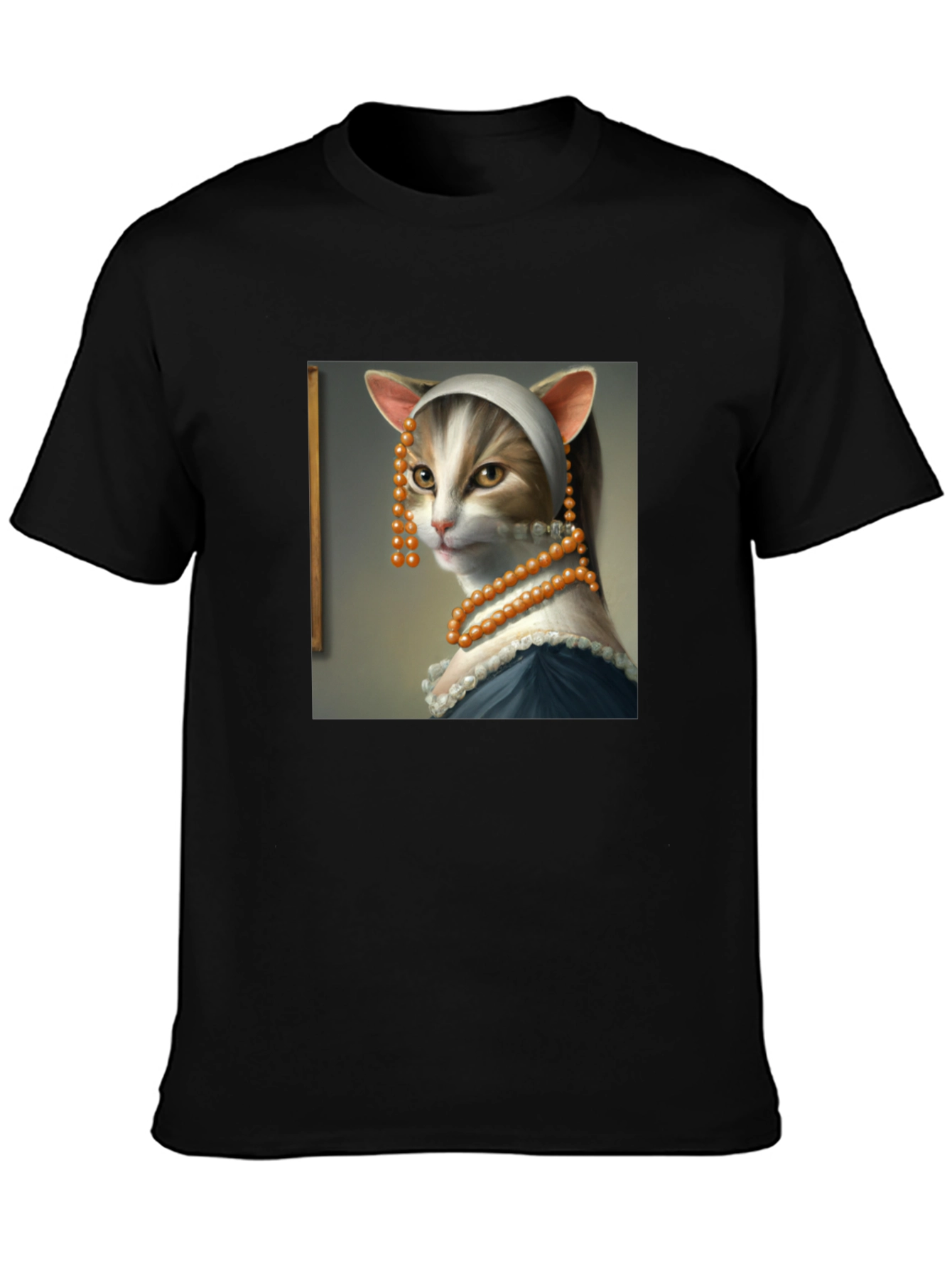Black Cat with a Pearl Earring T-Shirt - Funny Art Tee view 3