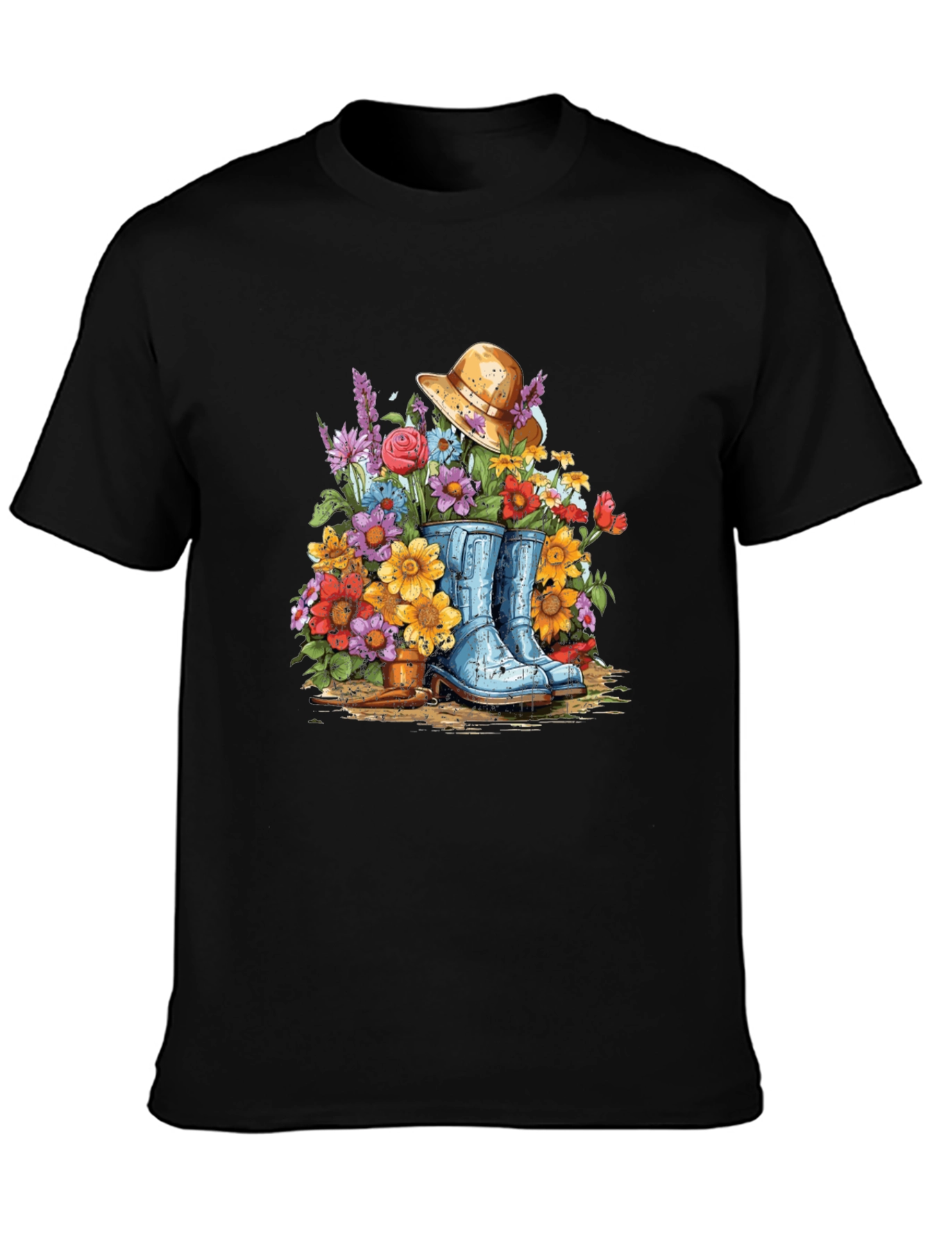 Black Floral Boot T-Shirt - Gardening Design view 3