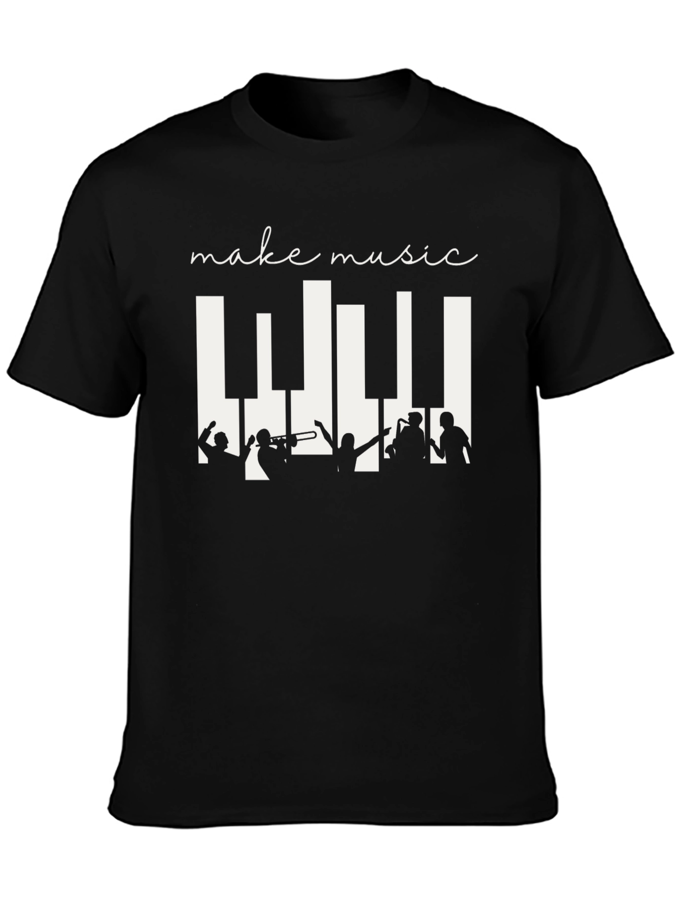 Black Make Music Black T-Shirt - Band Silhouette & Piano Keys Design view 3
