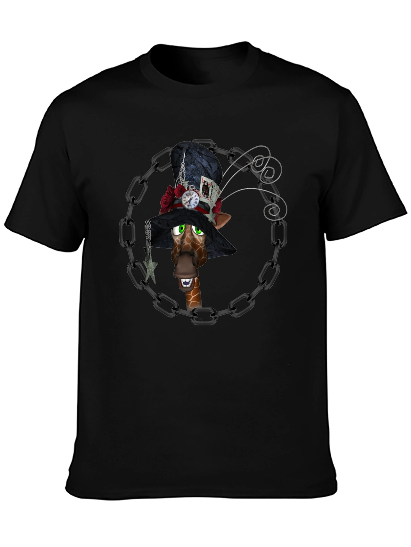 Giraffe Mad Hatter T-Shirt, Black Cotton Tee - 3