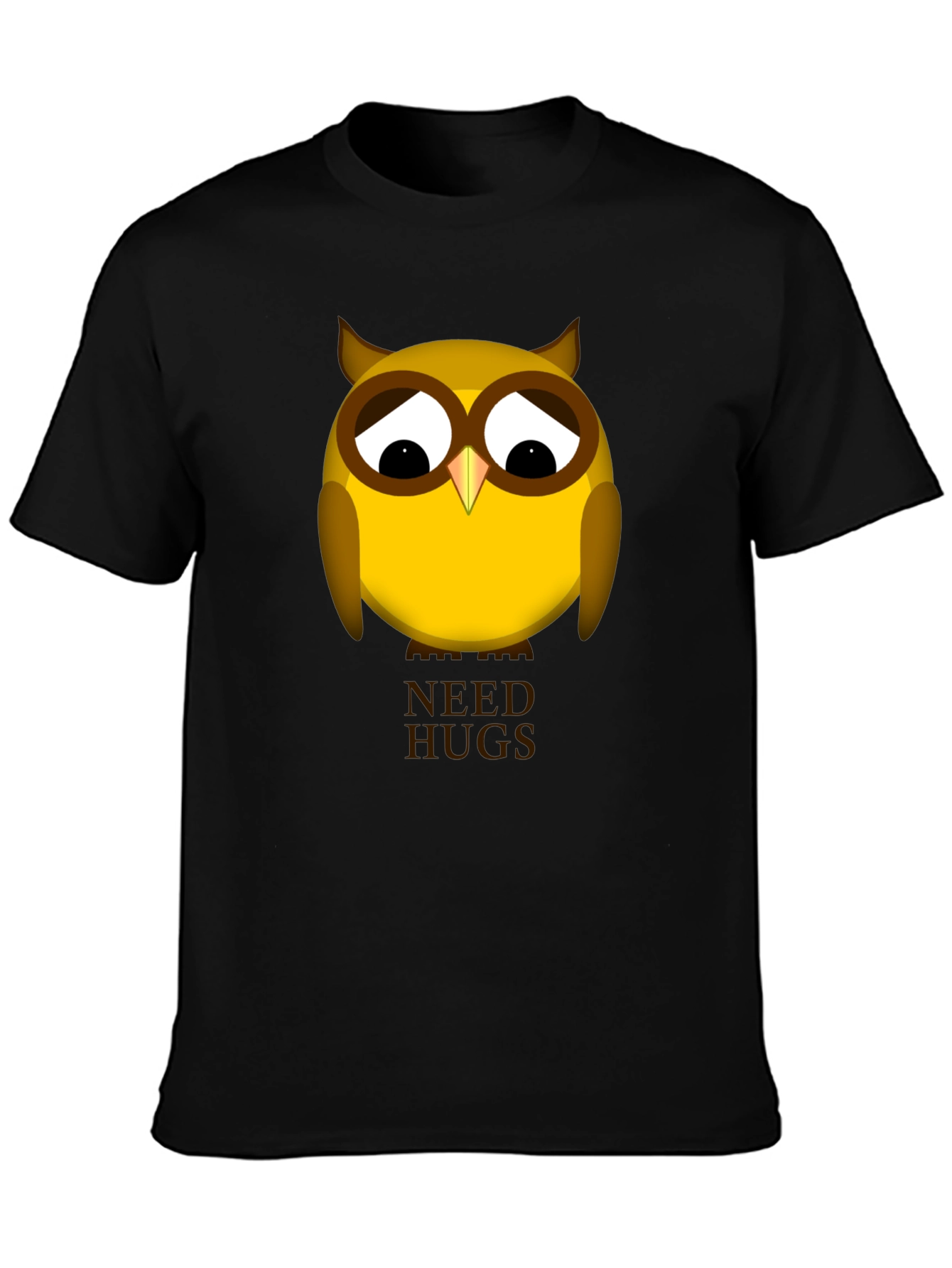 Black Sad Owl Needs Hugs Graphic T-Shirt - Unisex Black Tee view 3