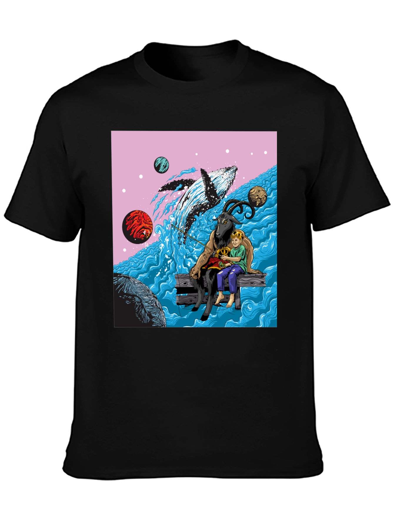 Black Whimsical Goat, Boy, and Whale Graphic Tee view 3