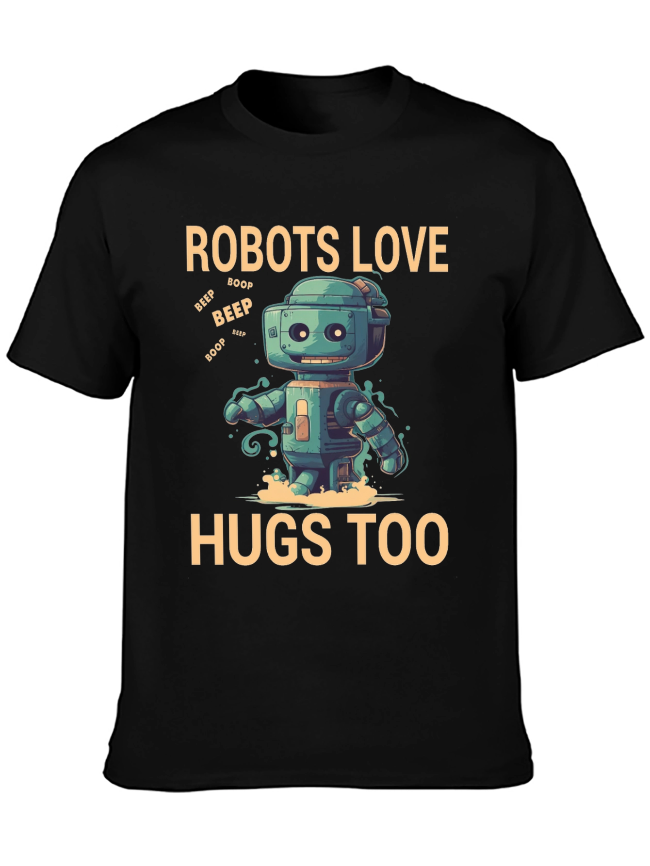 Black Robots Love Hugs Too T-Shirt, Graphic Tee view 3