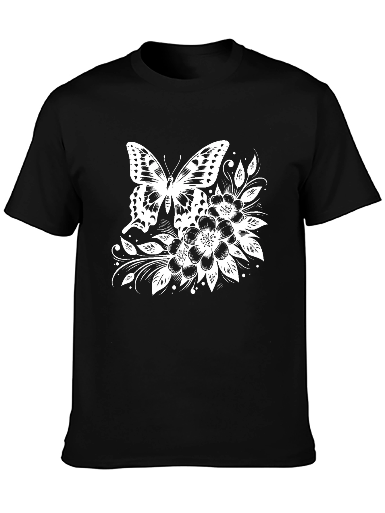 Black Butterfly Floral Graphic Tee - Black Cotton Blend Shirt view 3