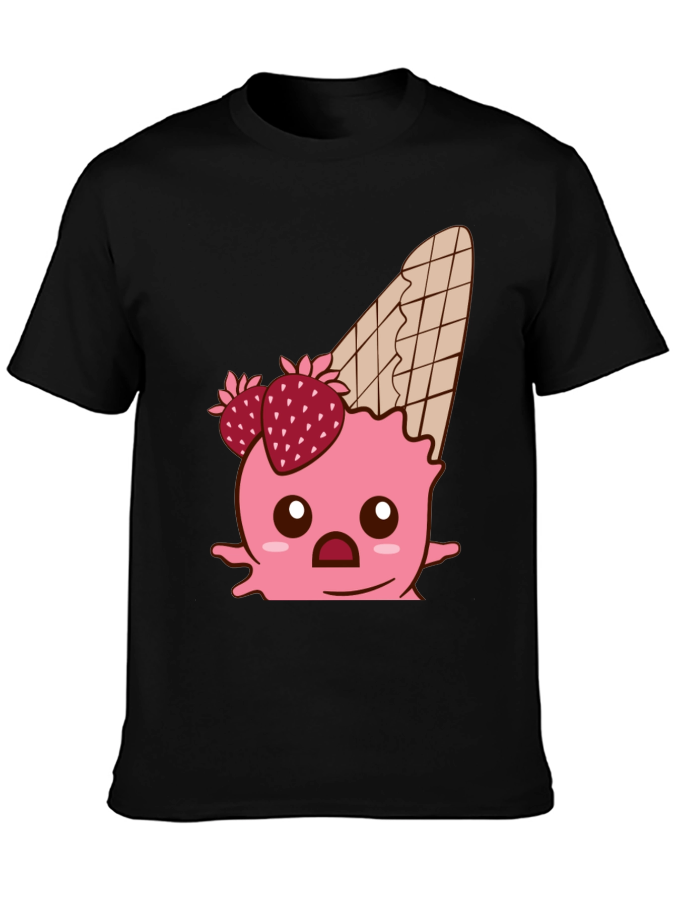 Black Kawaii Strawberry Ice Cream Cone Graphic Tee view 3