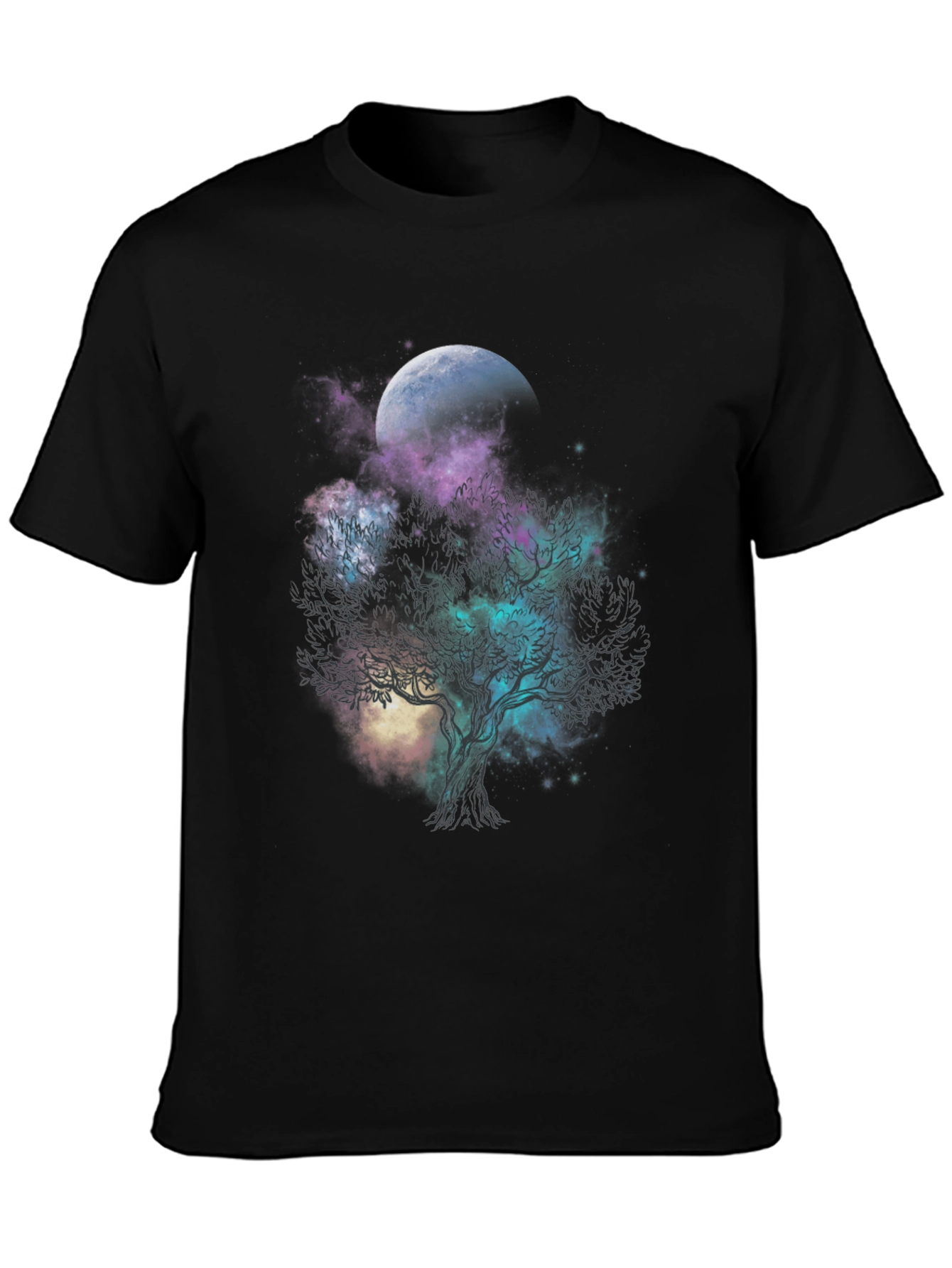 Black Celestial Tree Graphic T-Shirt - Black Cotton Tee view 3