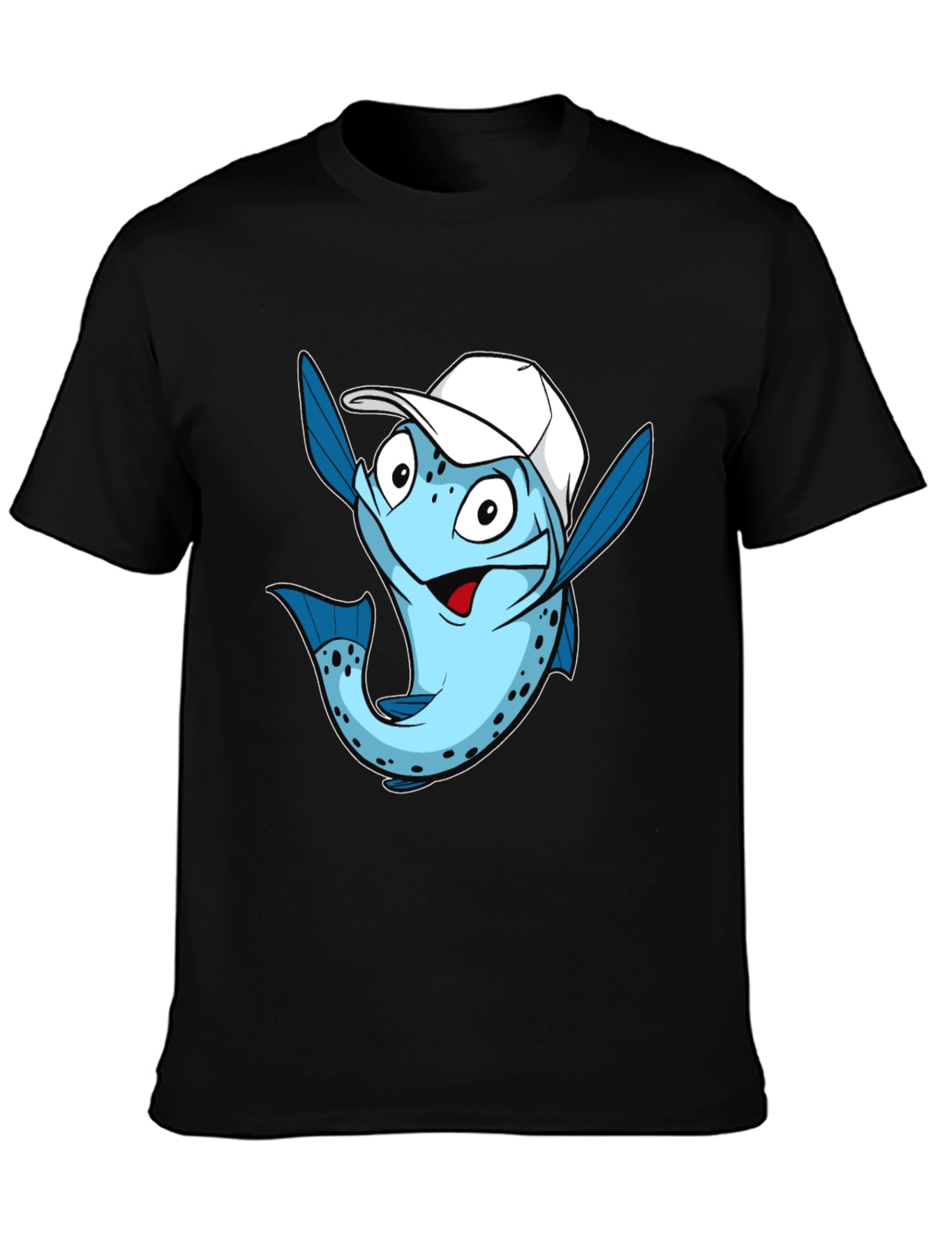 Black Funny Fish with Cap Graphic Tee - Black Cotton T-Shirt view 3
