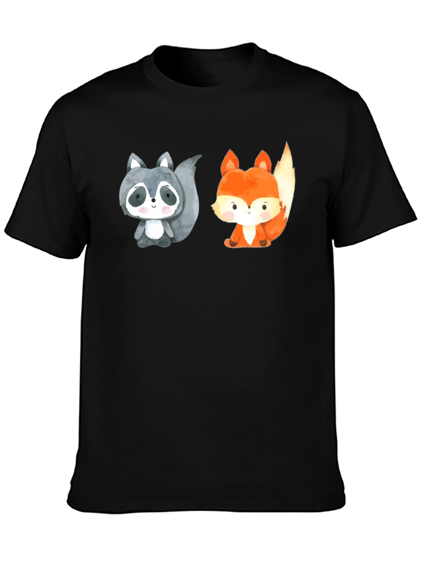 Black Cute Cartoon Animal Tee: Raccoon & Fox Black Shirt view 3