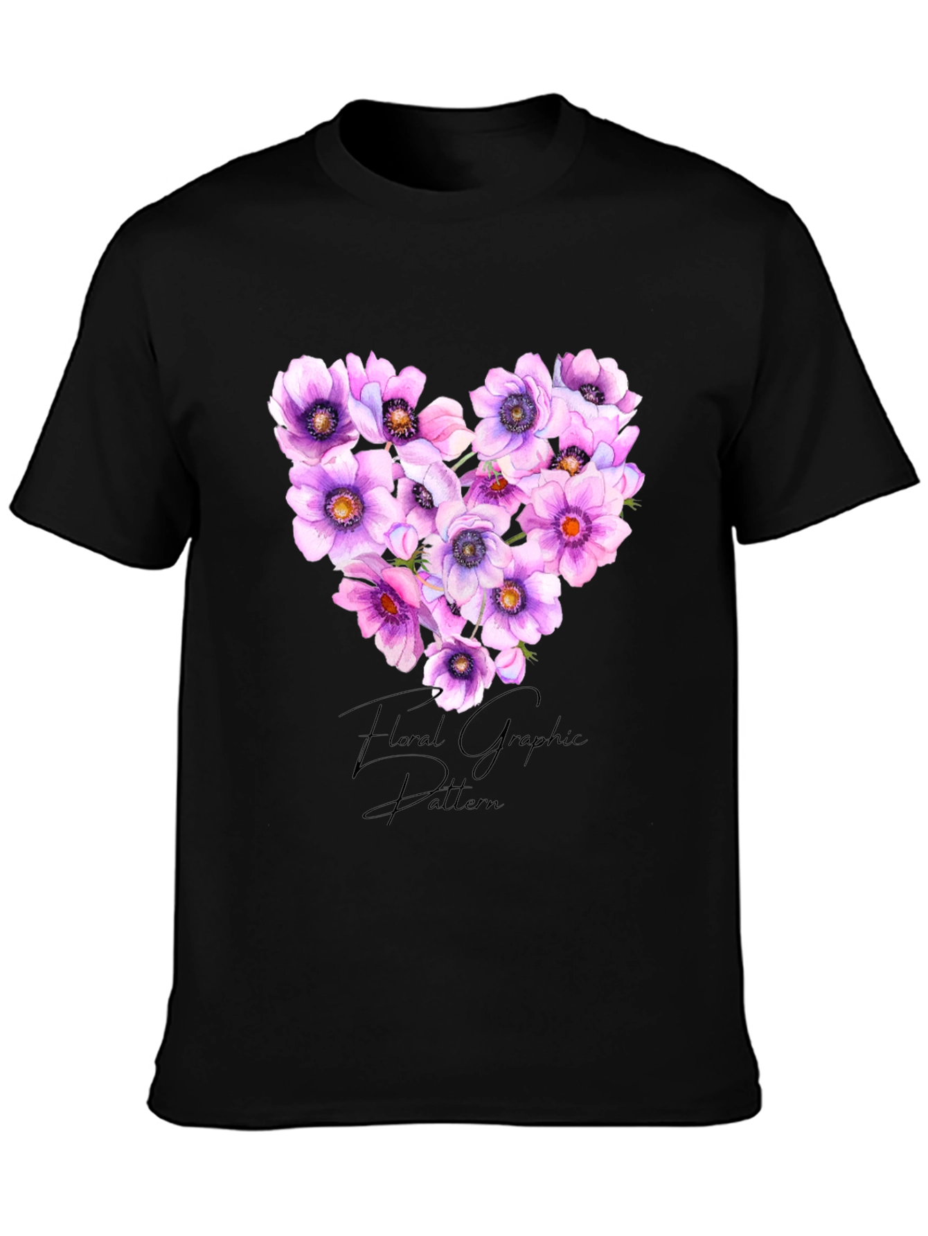 Black Floral Heart Graphic Black T-Shirt view 3