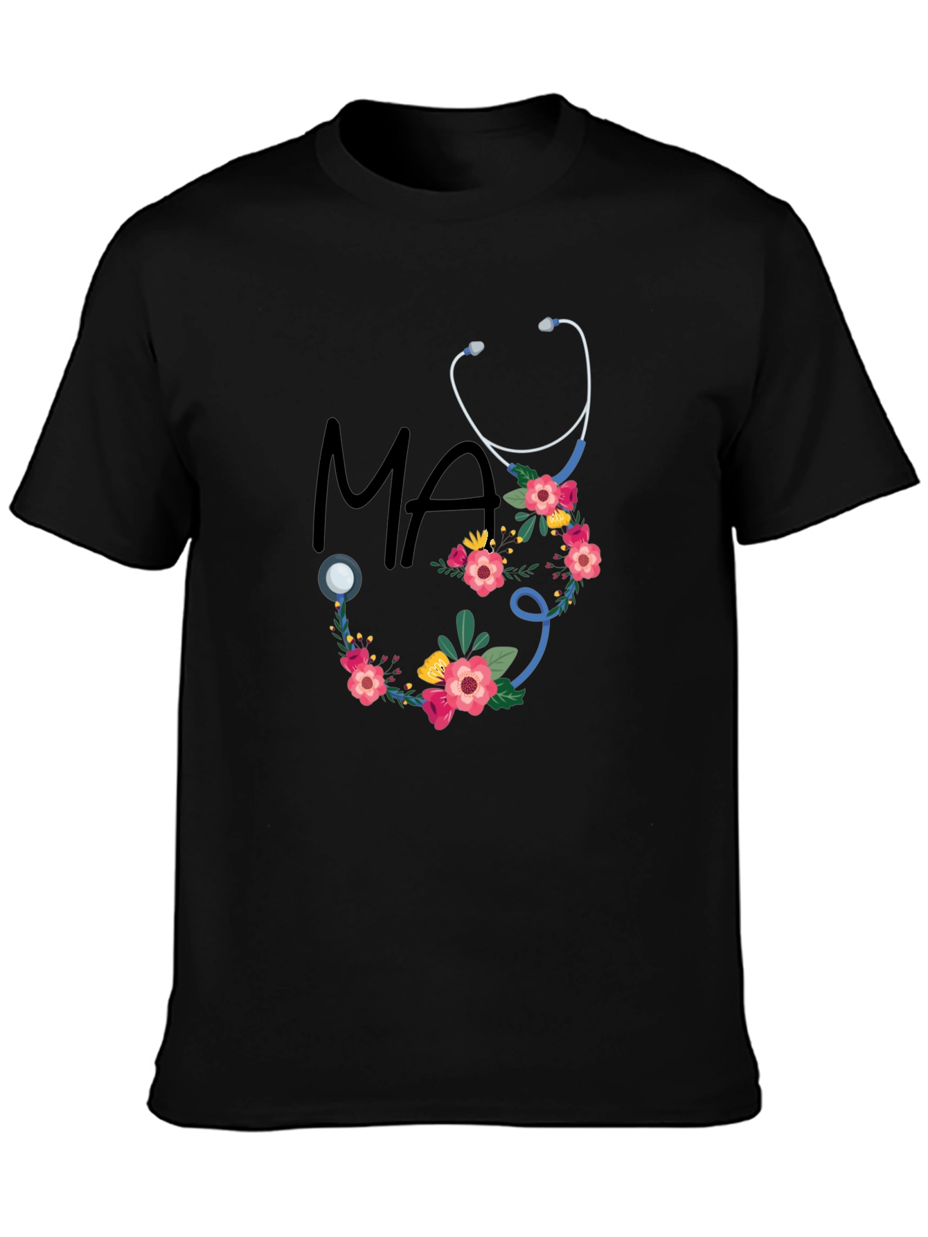 Black Floral Stethoscope MA T-Shirt - Medical Assistant Style view 3