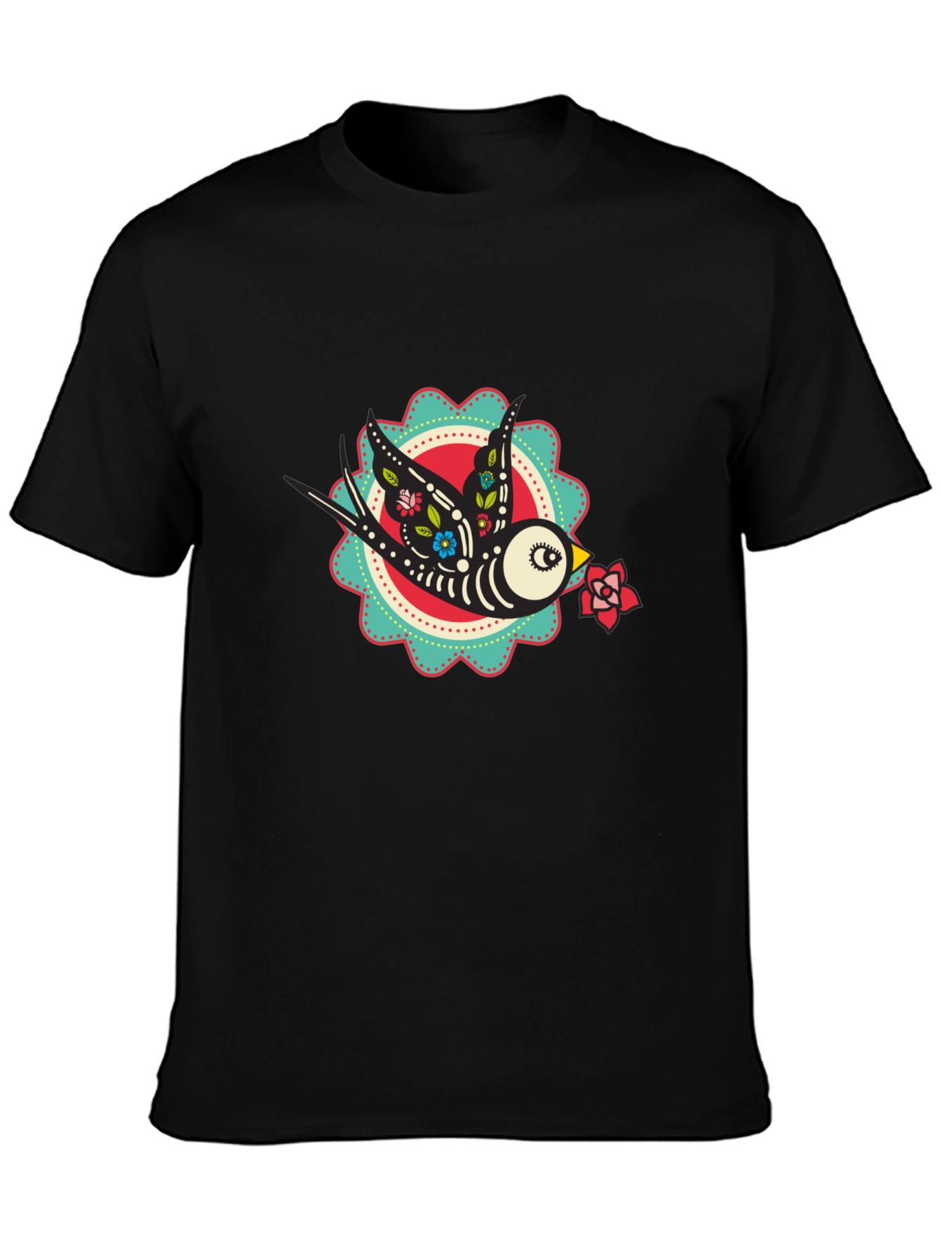 Black Day of the Dead Bird Graphic Tee - Black Cotton T-Shirt view 3