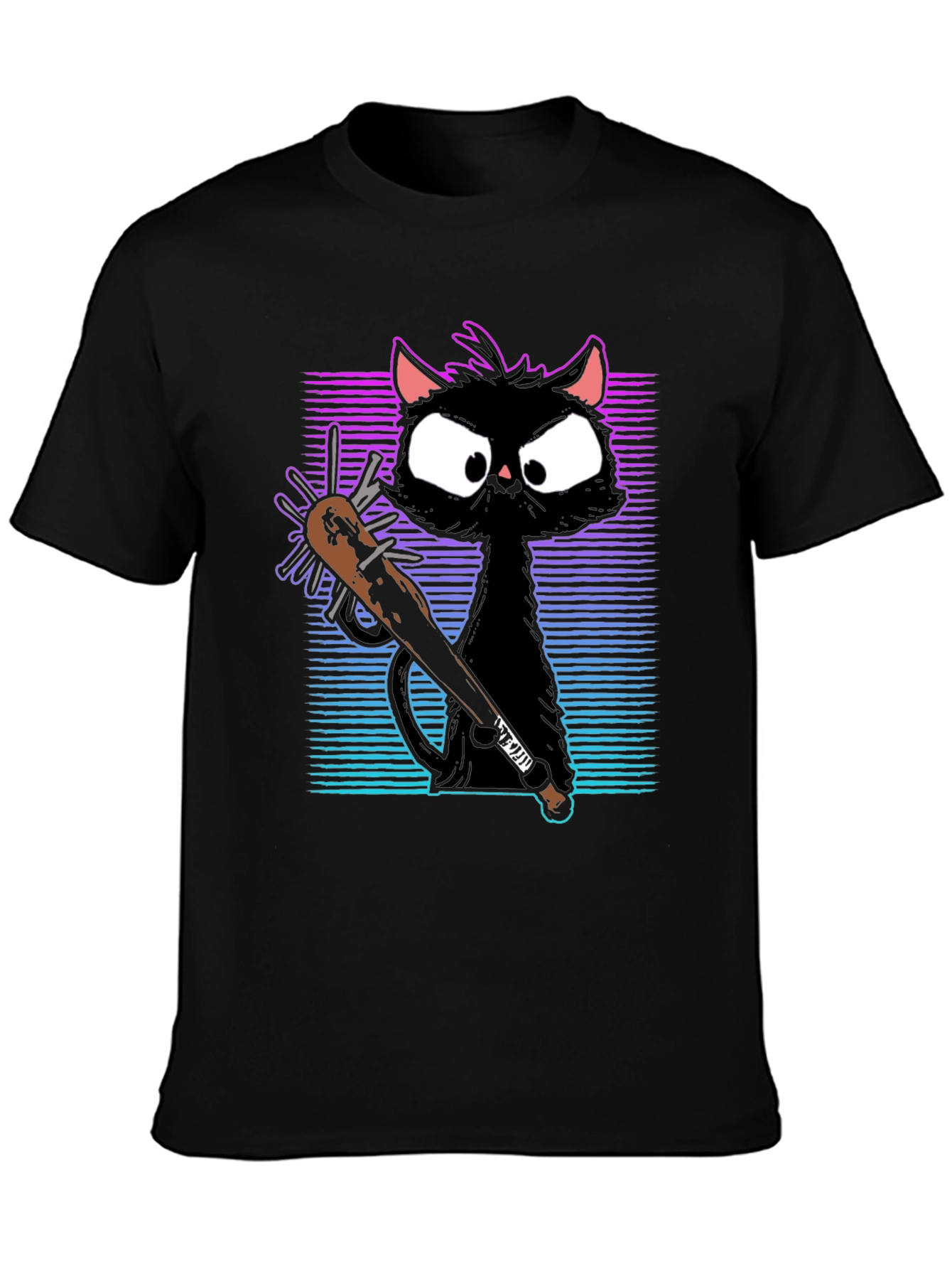 Black Gangster Cat T-Shirt with Spiked Bat - Black view 3