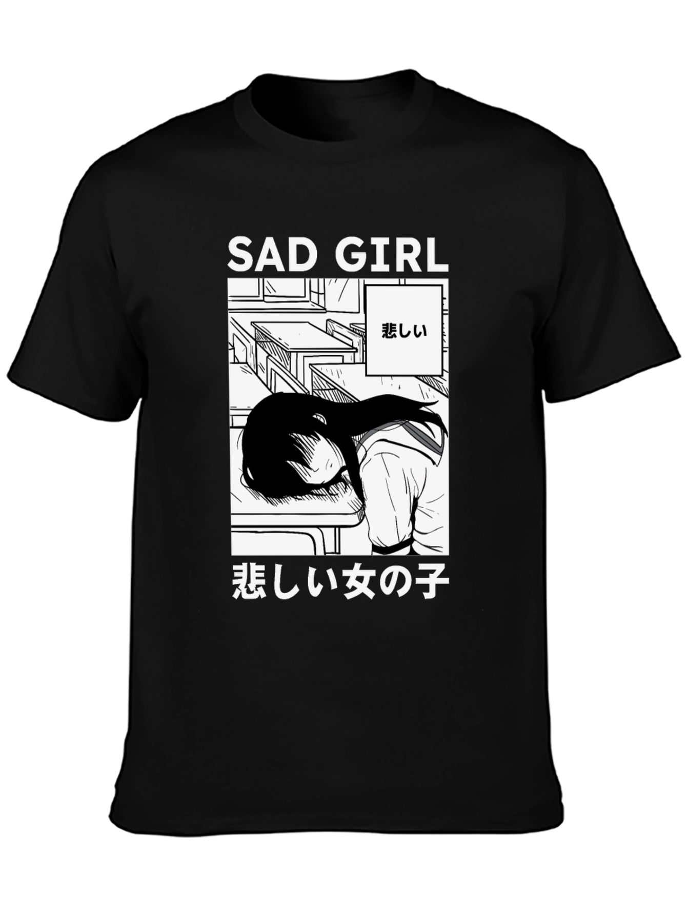 Black Sad Girl Anime Graphic T-Shirt - Unisex view 3