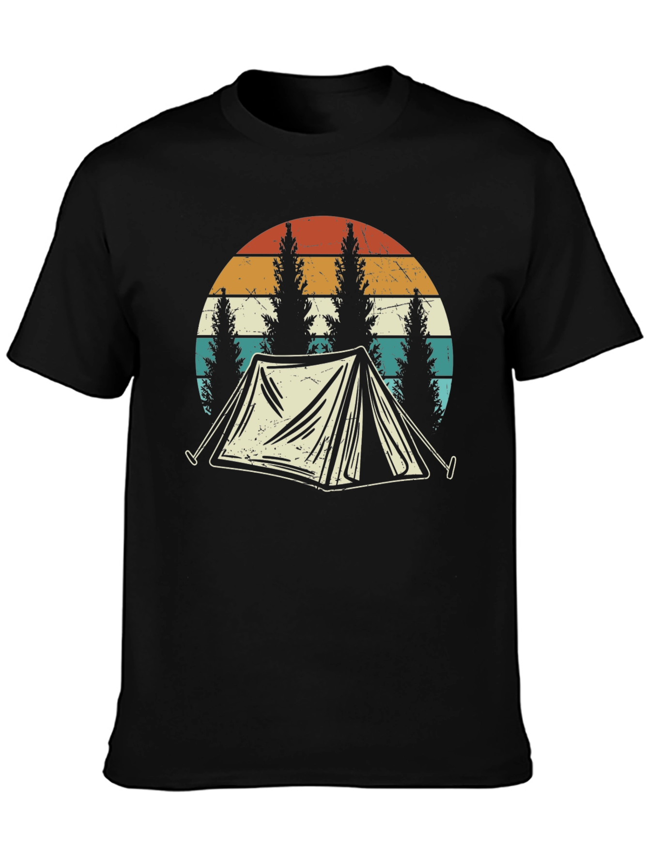 Black Vintage Camping T-Shirt - Retro Tent & Trees Design view 3