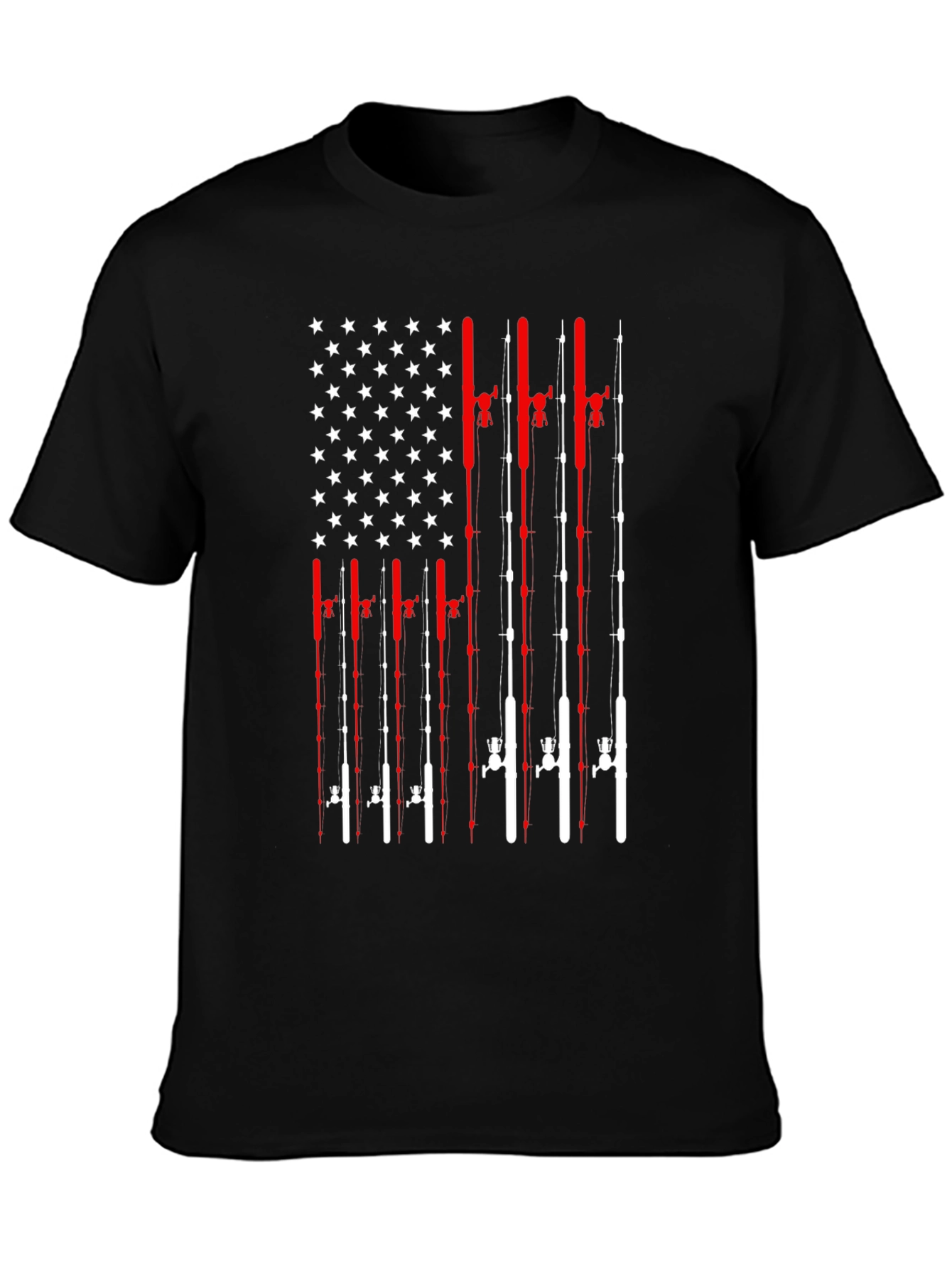 Black Fishing Rod American Flag Patriotic Graphic T-Shirt view 3