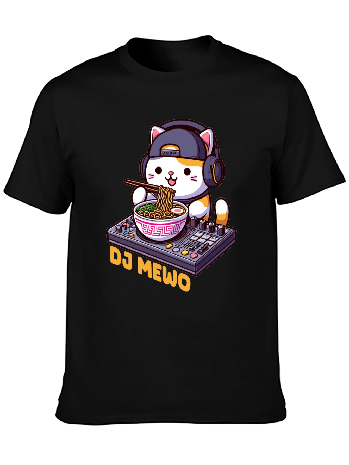 Black DJ MEWO Black T-Shirt - Cat Ramen DJ Design view 3